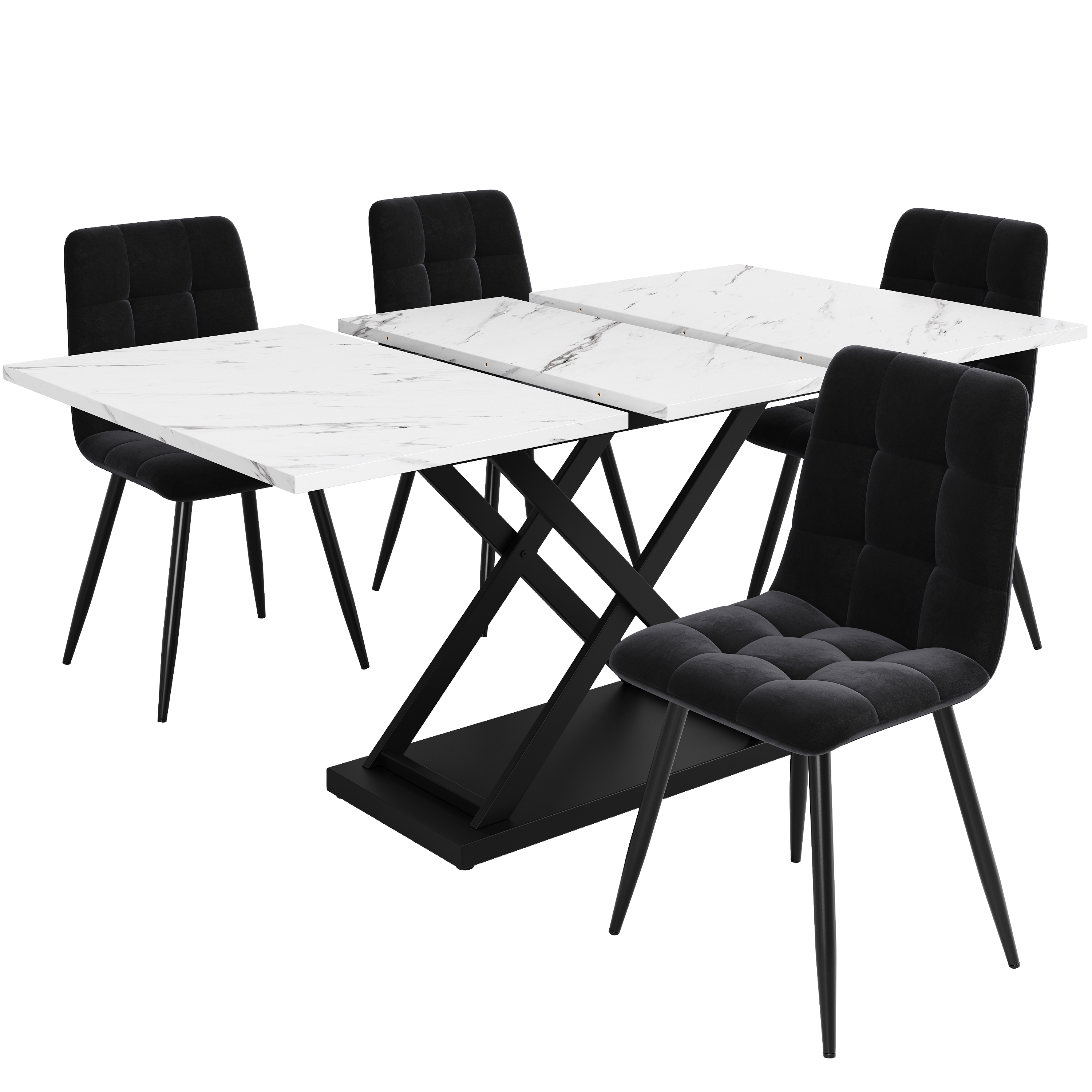 Ensemble table et chaises, 5 pièces, 1 table + 4 chaises, extensible, 160 x 80 x 75cm, velours et métal, noir - vue 1