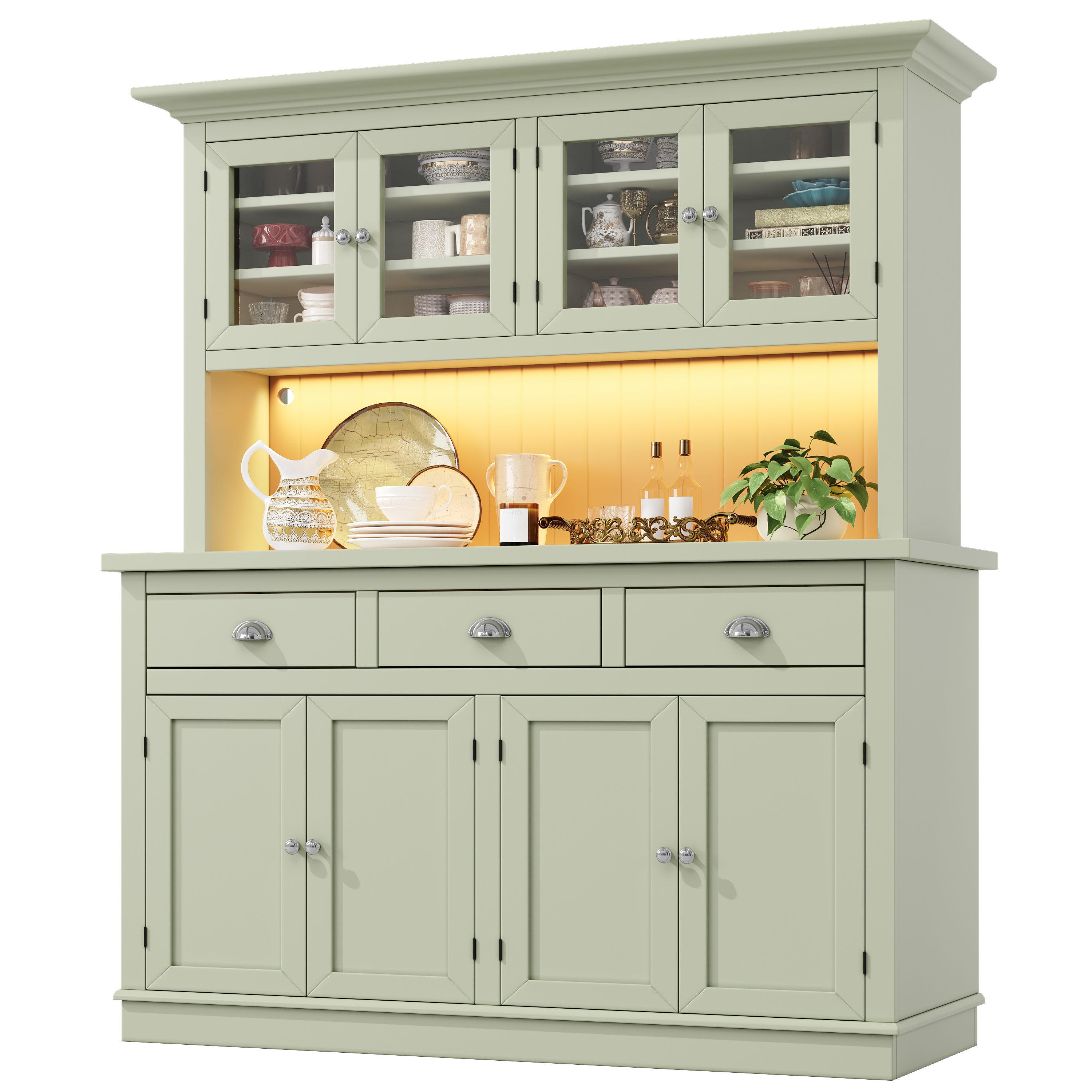 Buffet de cuisine 140 x 40 x 180 cm, LED, étagères réglables, MDF et verre, Vert - vue complémentaire