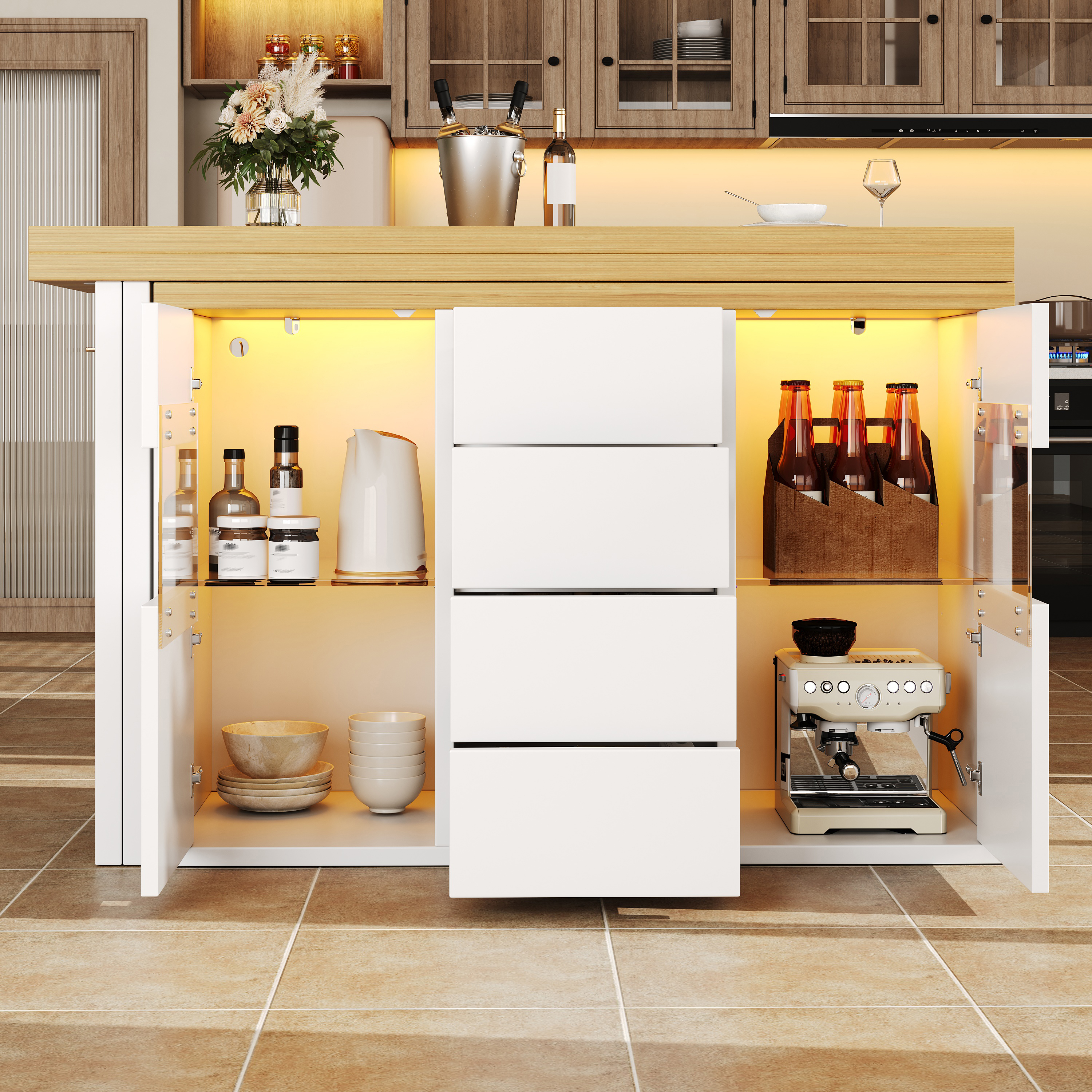 Îlot de cuisine rotatif à 360° avec LED RVB contrôlées par application 120-197 cm, portes en verre, 4 grands tiroirs et étagères réglables, blanc/noir, îlot de cuisine, meuble de rangement