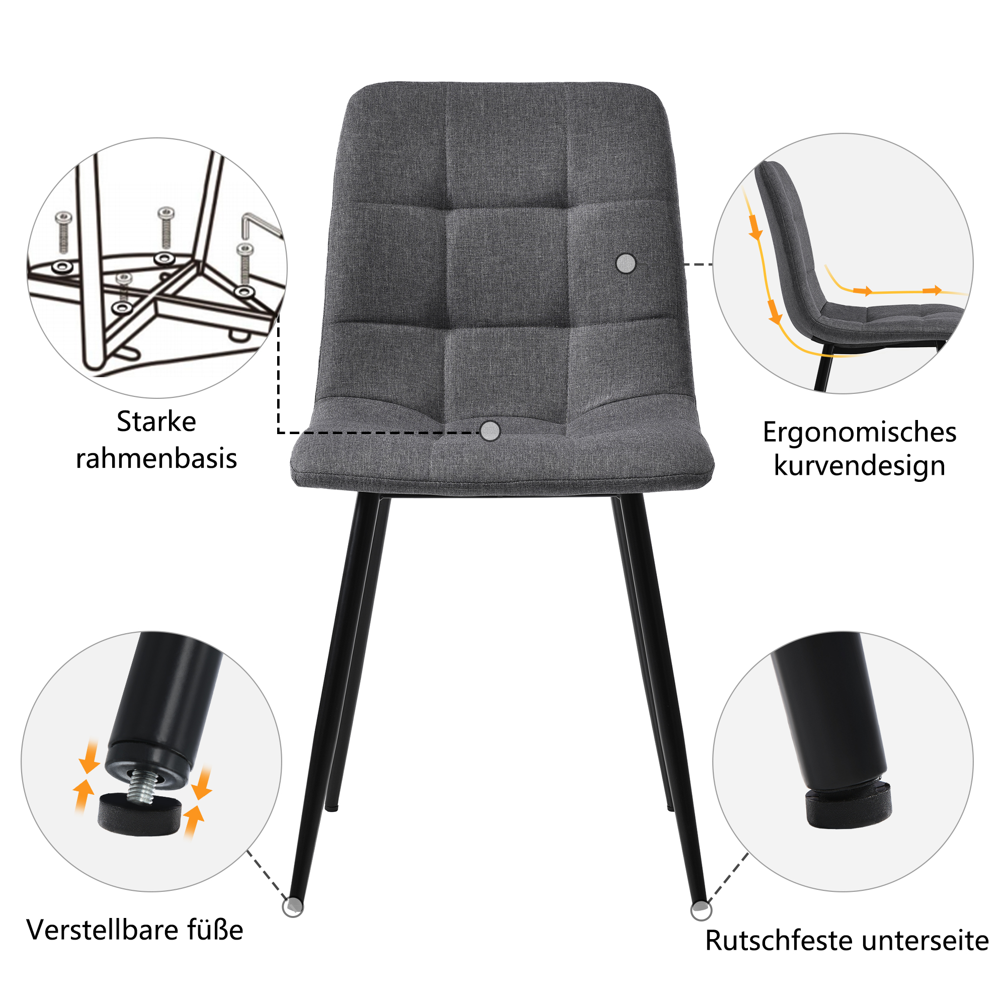 Ensemble table et chaises, 5 pièces, 1 table + 4 chaises, tissu effet lin et MDF, gris foncé - vue 8