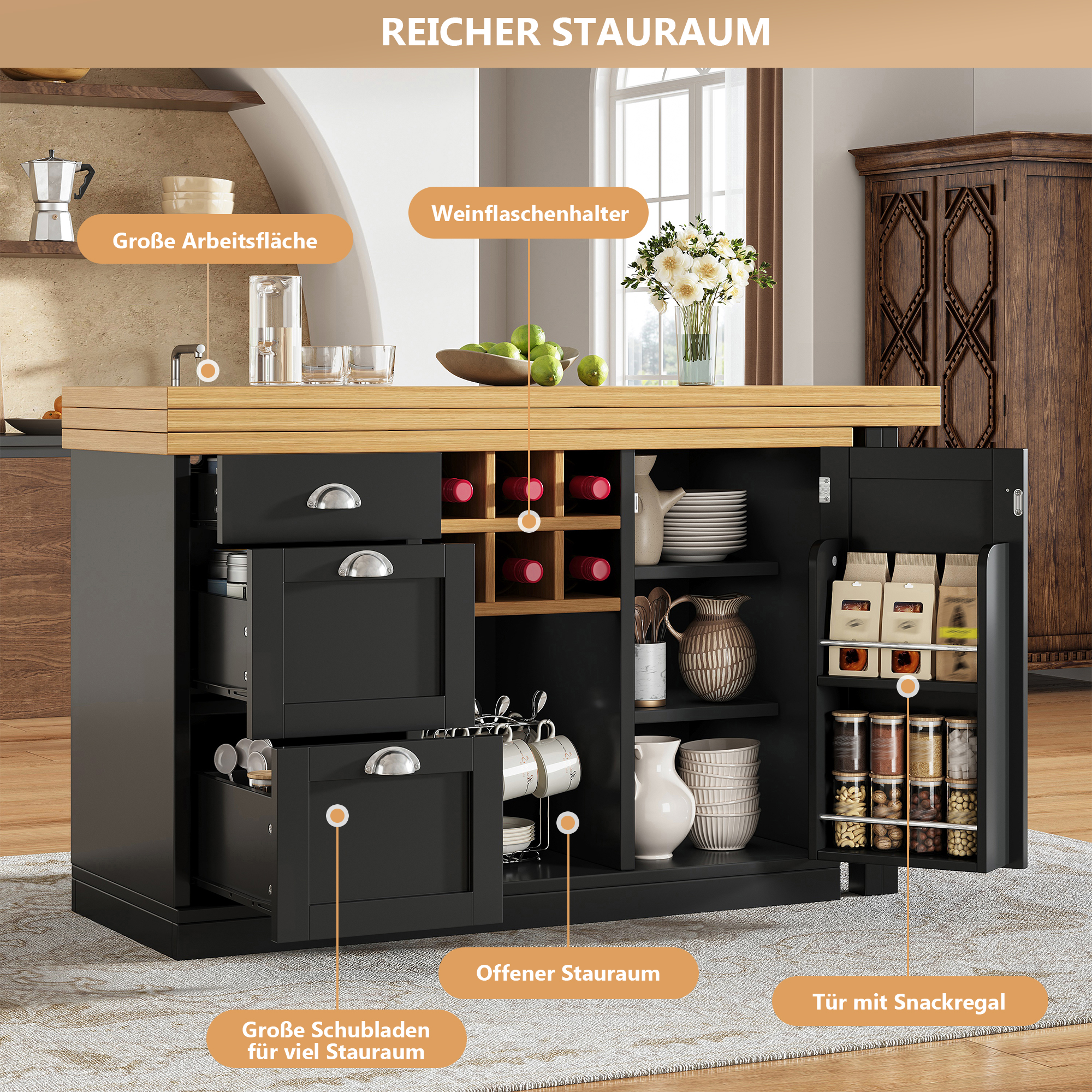 Table de bar multifonctionnelle avec rangement, îlot de cuisine extensible avec casier à vin et tiroir, poignées en métal, table de cuisine pliante rotative à 360°, chariot de service pour petits