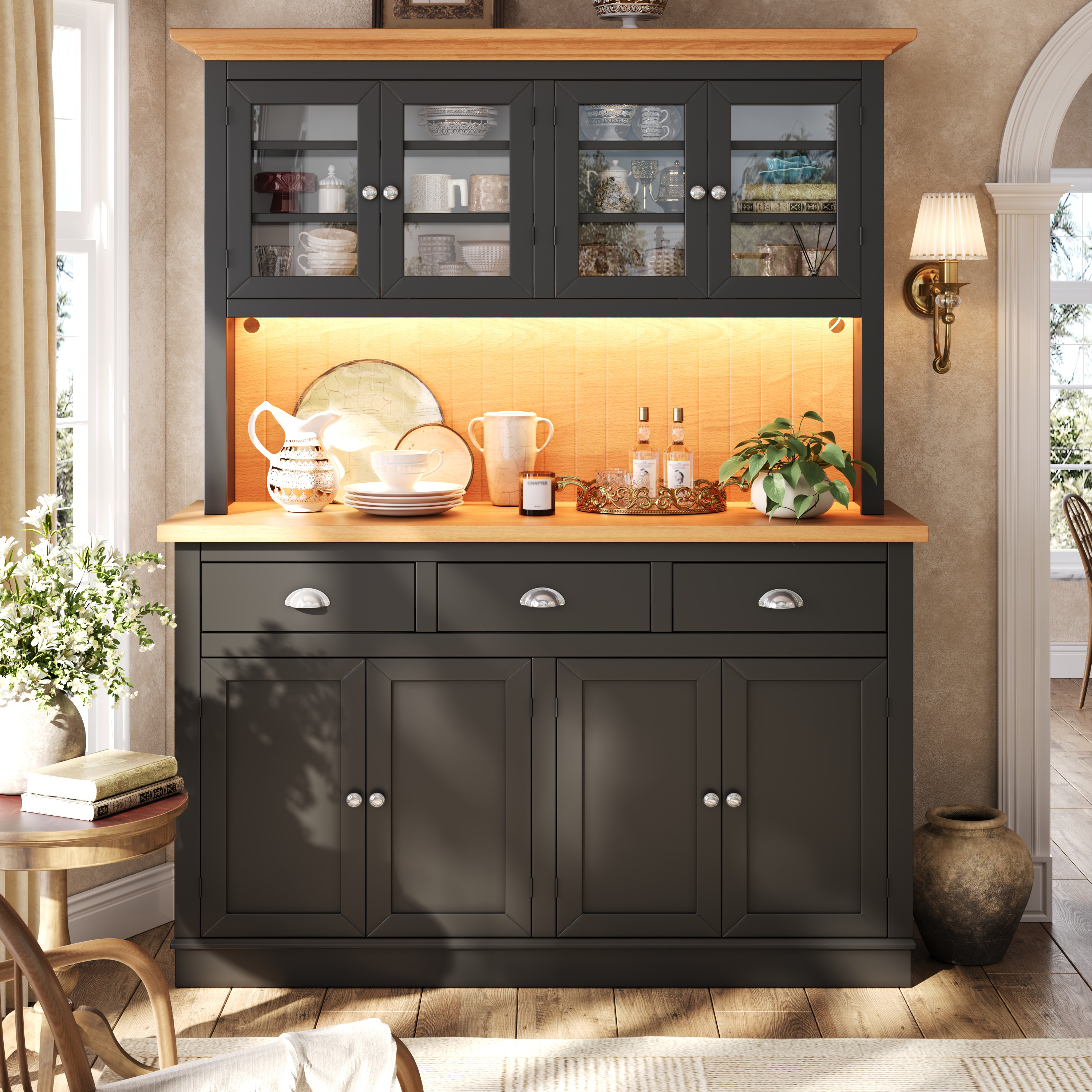 Buffet de cuisine 140 x 40 x 180 cm, LED, étagères réglables, MDF et verre, Noir - vue principale