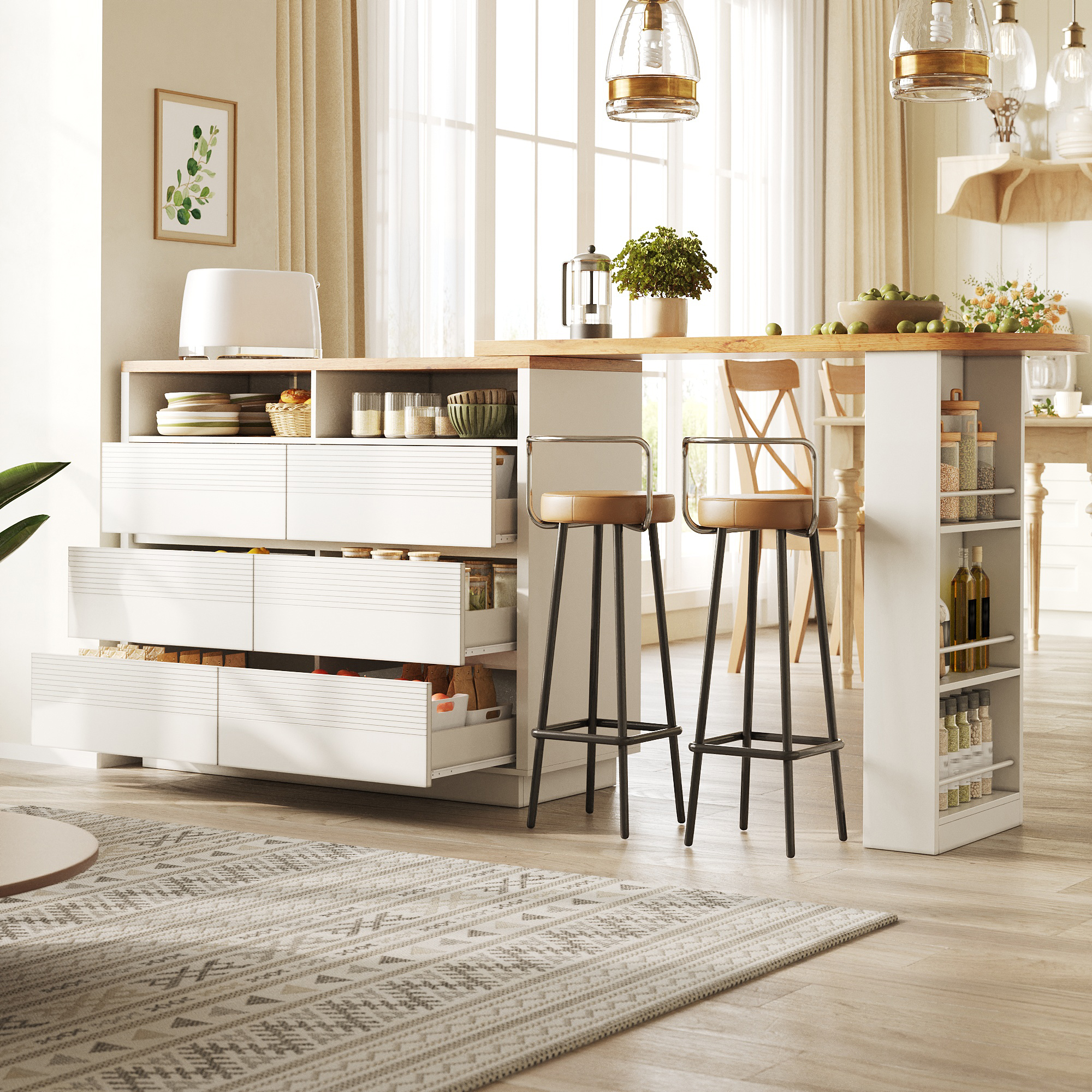 Table de bar extensible avec espace de rangement (137-215 × 39 × 102, 3 cm), table de bar mobile moderne, table de bar télescopique avec six tiroirs, table de bar table de bistro table haute îlot