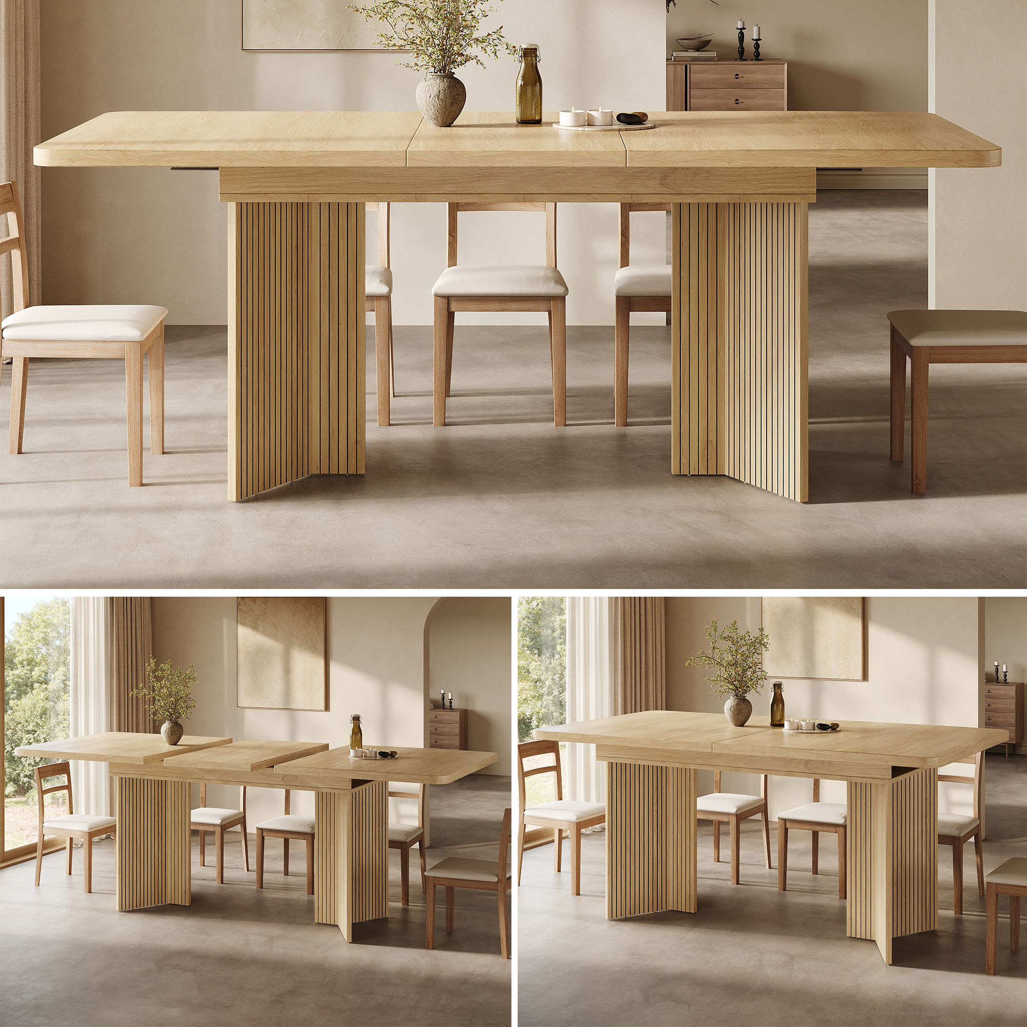 Table à manger extensible 120–160 cm x 80 x 76,1 cm, pieds en V rainurés, MDF, Effet bois naturel - vue principale