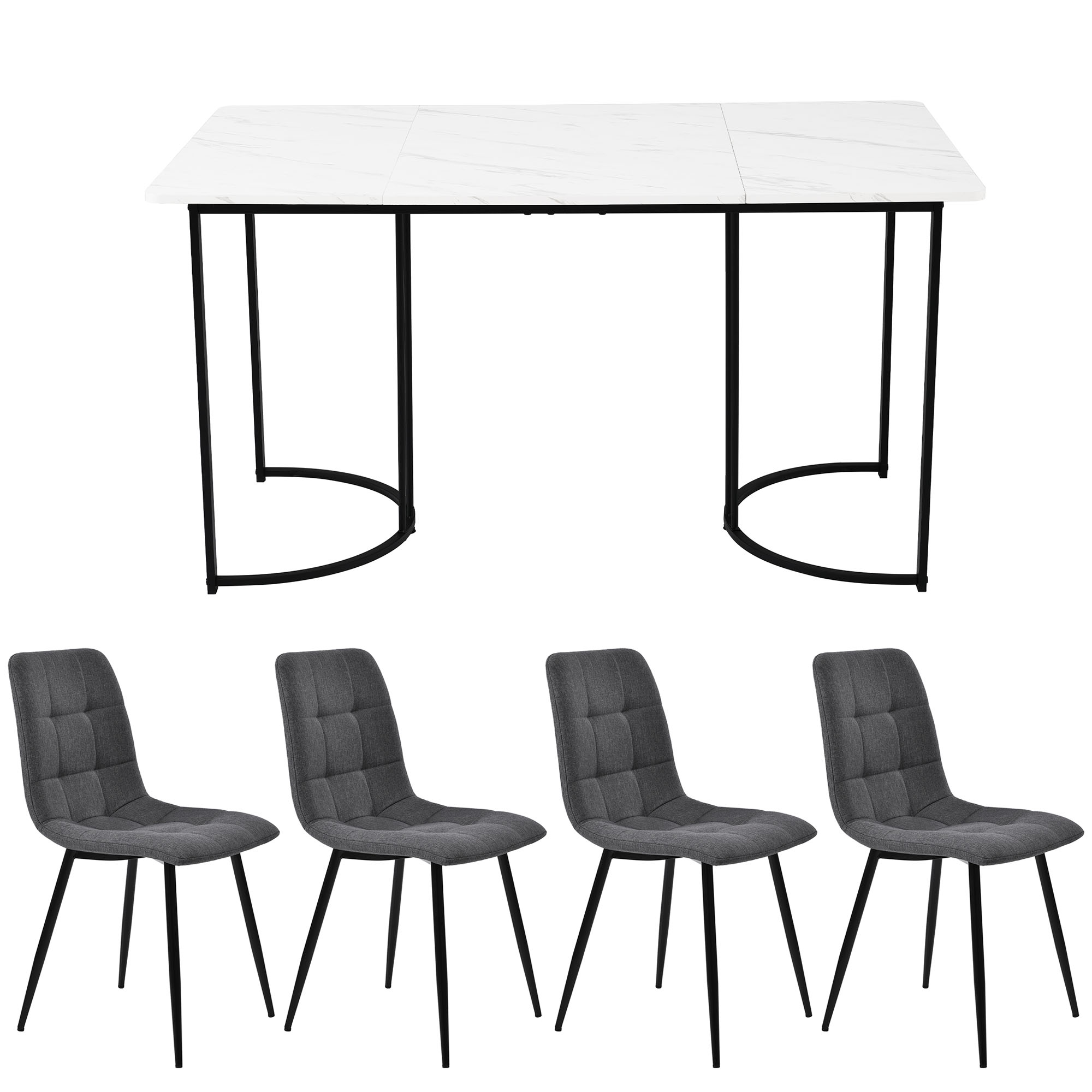 Ensemble table et chaises, 5 pièces, 1 table + 4 chaises, métal et tissu effet lin, gris foncé - vue 1
