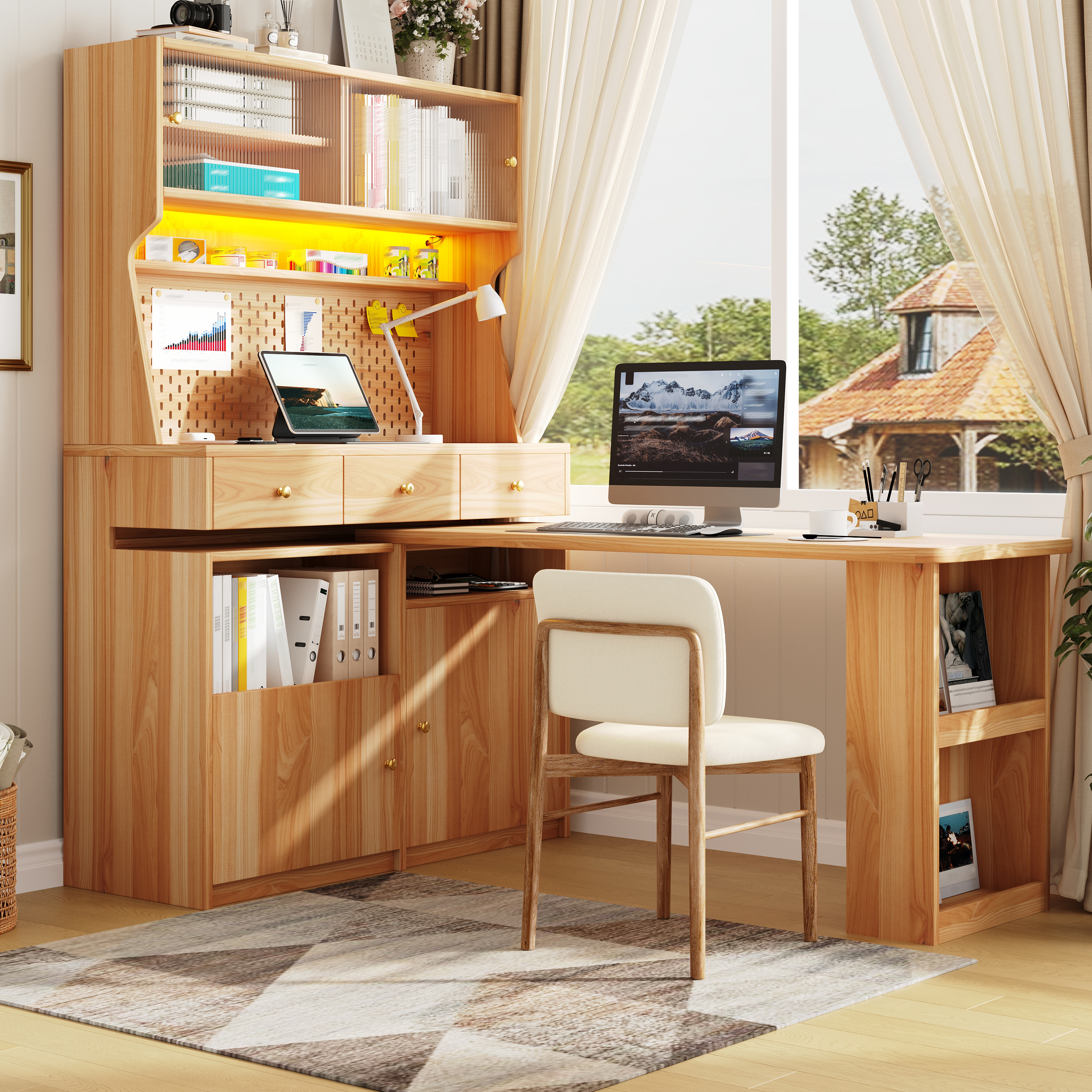 Armoire haute avec bureau et table de bar, armoire sur pied multifonctionnelle avec éclairage LED et contrôle par application, portes en verre, étagères réglables, panneau perforé, pour salon, salle