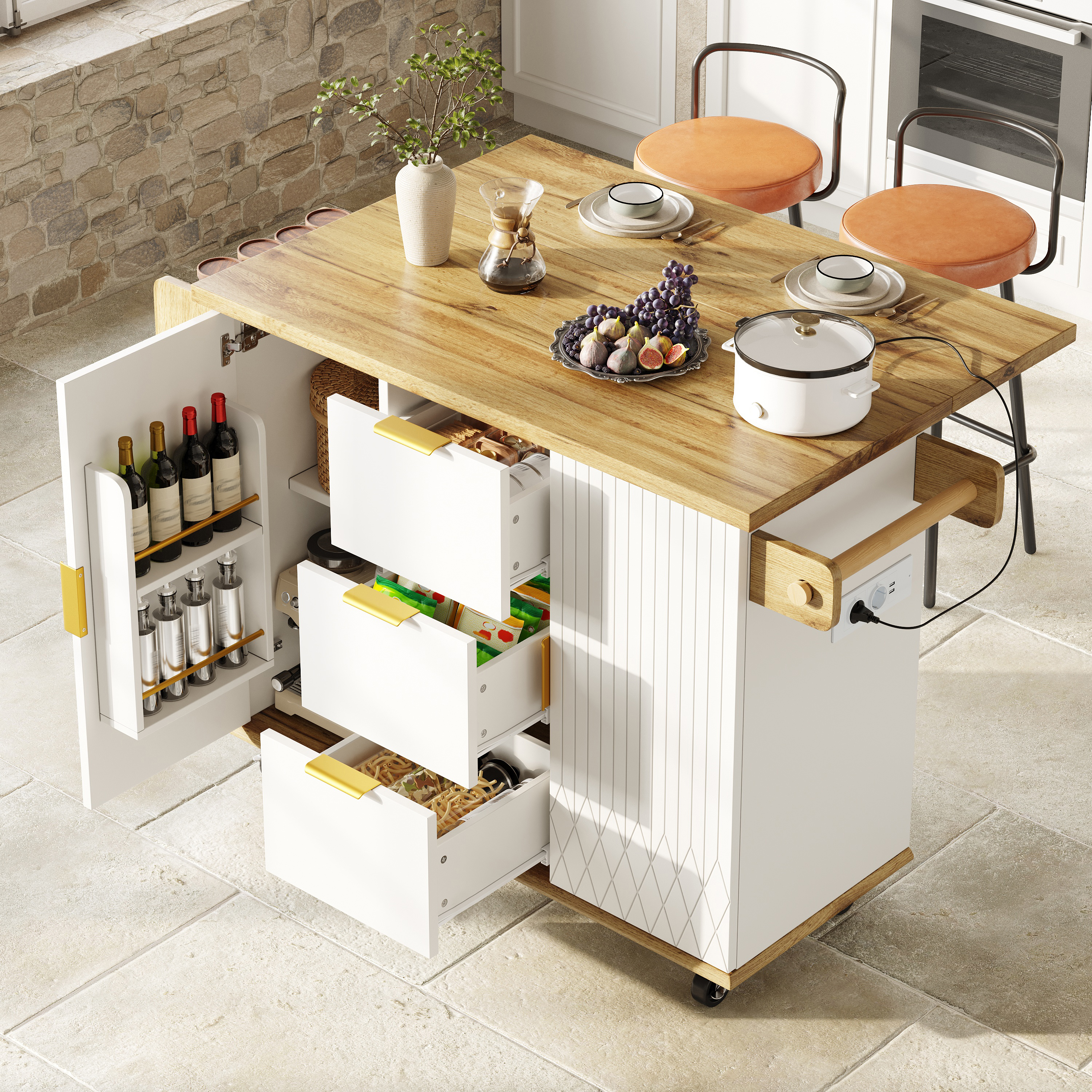 Desserte de cuisine avec plan de travail rabattable et prise électrique, meuble îlot de cuisine mobile à roulettes, aspect bois blanc, capacité de charge jusqu'à 70 kg, desserte de cuisine