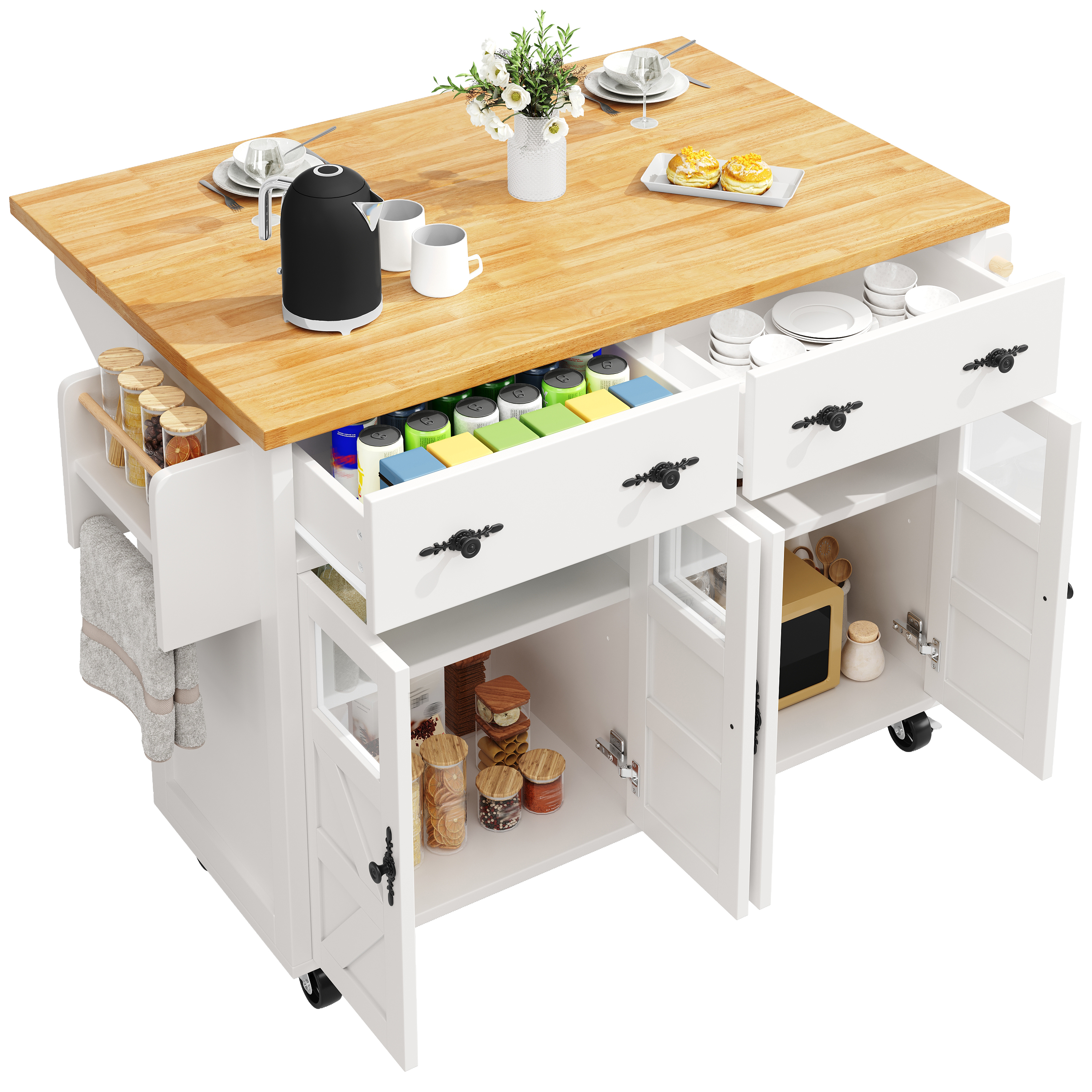 Chariot de service MDF/PB avec portes verre sécurité, plateau extensible, 5 roues (2 avec freins), convertible en buffet, pour cuisine et salon, design moderne, beaucoup de rangement, mobilité, stabilité, fonctionnalité - image 23