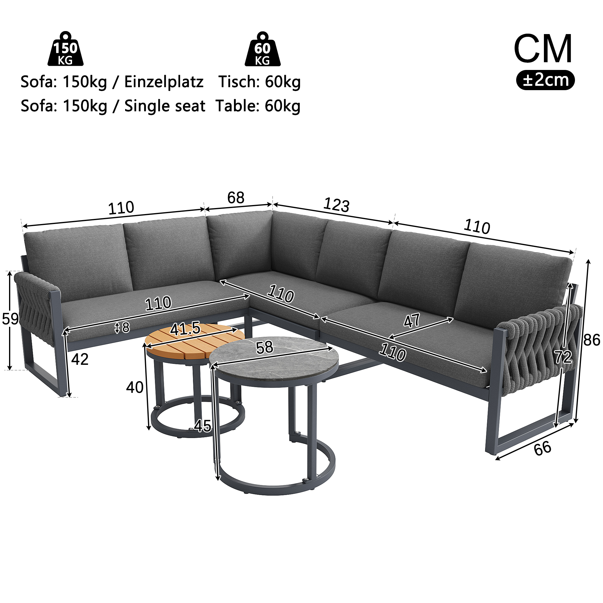 Salon de jardin modulable 5–6 places avec 3 modules et 2 tables, coussins déhoussables, structure métal, Gris - détails