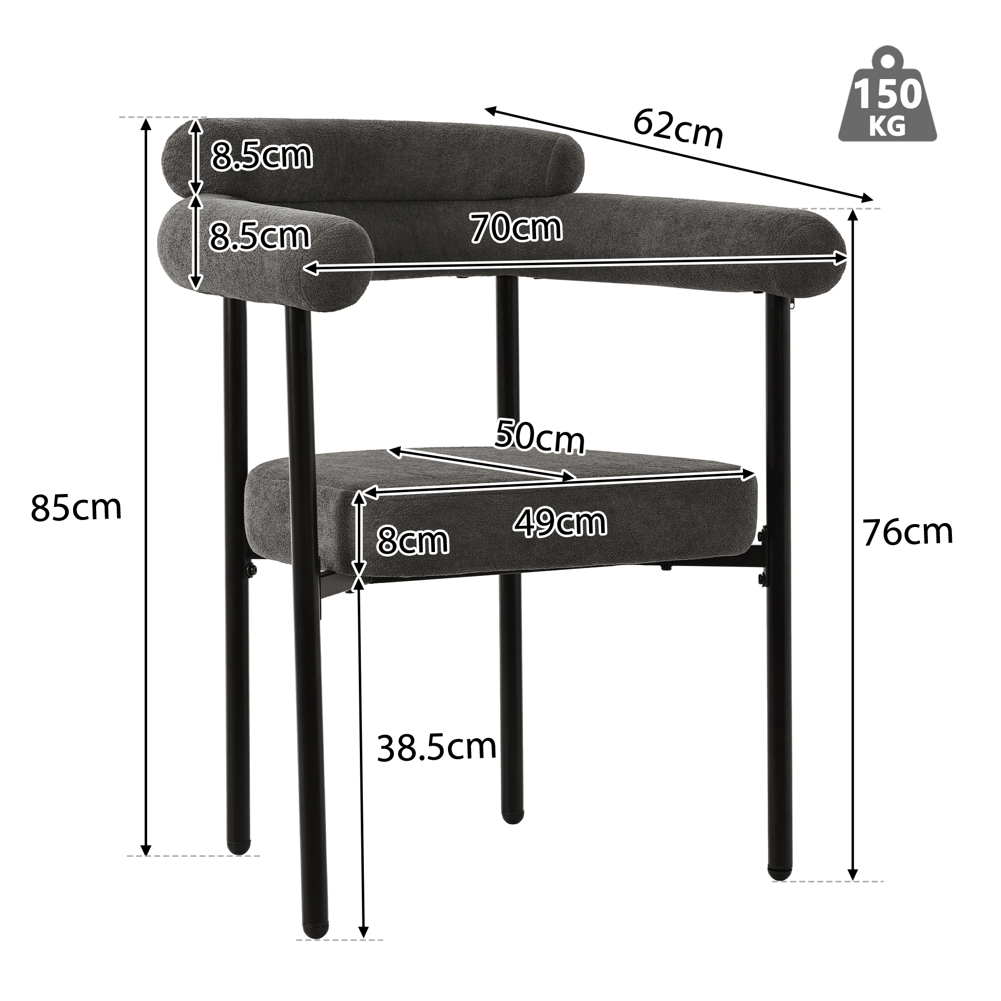 Chaise de salle à manger, lot de 6, 70 x 62 x 84 cm, tissu et métal, gris foncé - vue 2