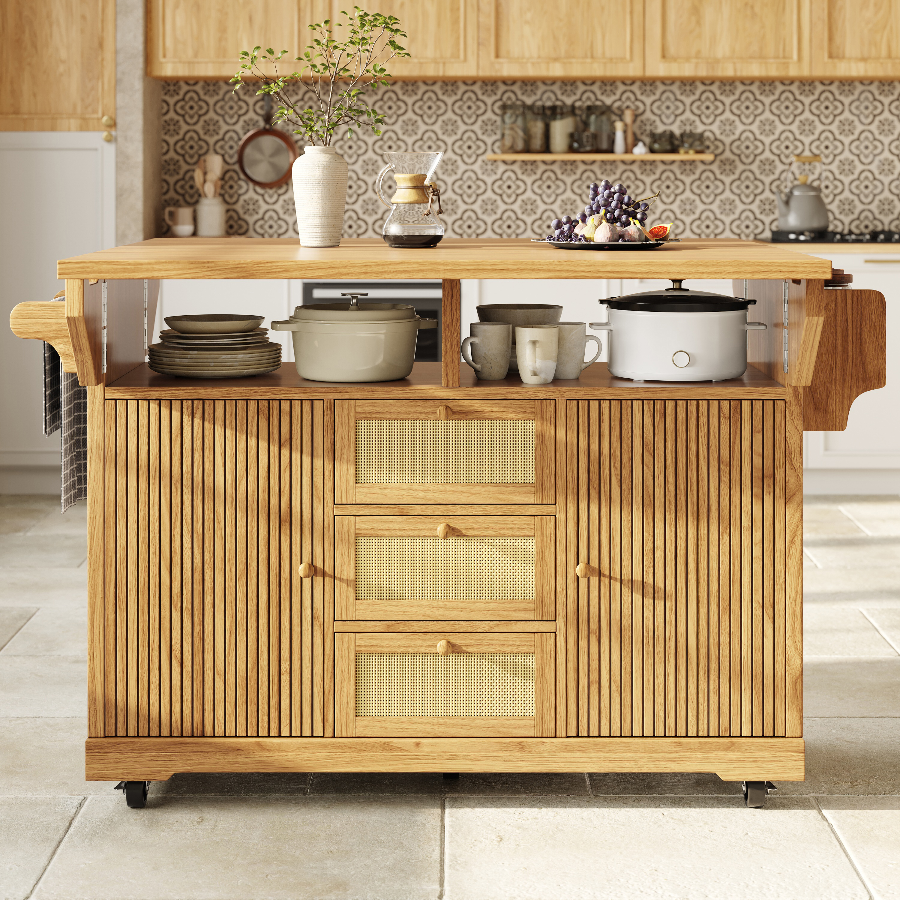 Chariot de service dépliant, chariot de cuisine 95 cm à hauteur ergonomique, tiroirs en rotin PE, chariot mobile pour cuisine, balcon et camping, marron naturel, desserte de cuisine