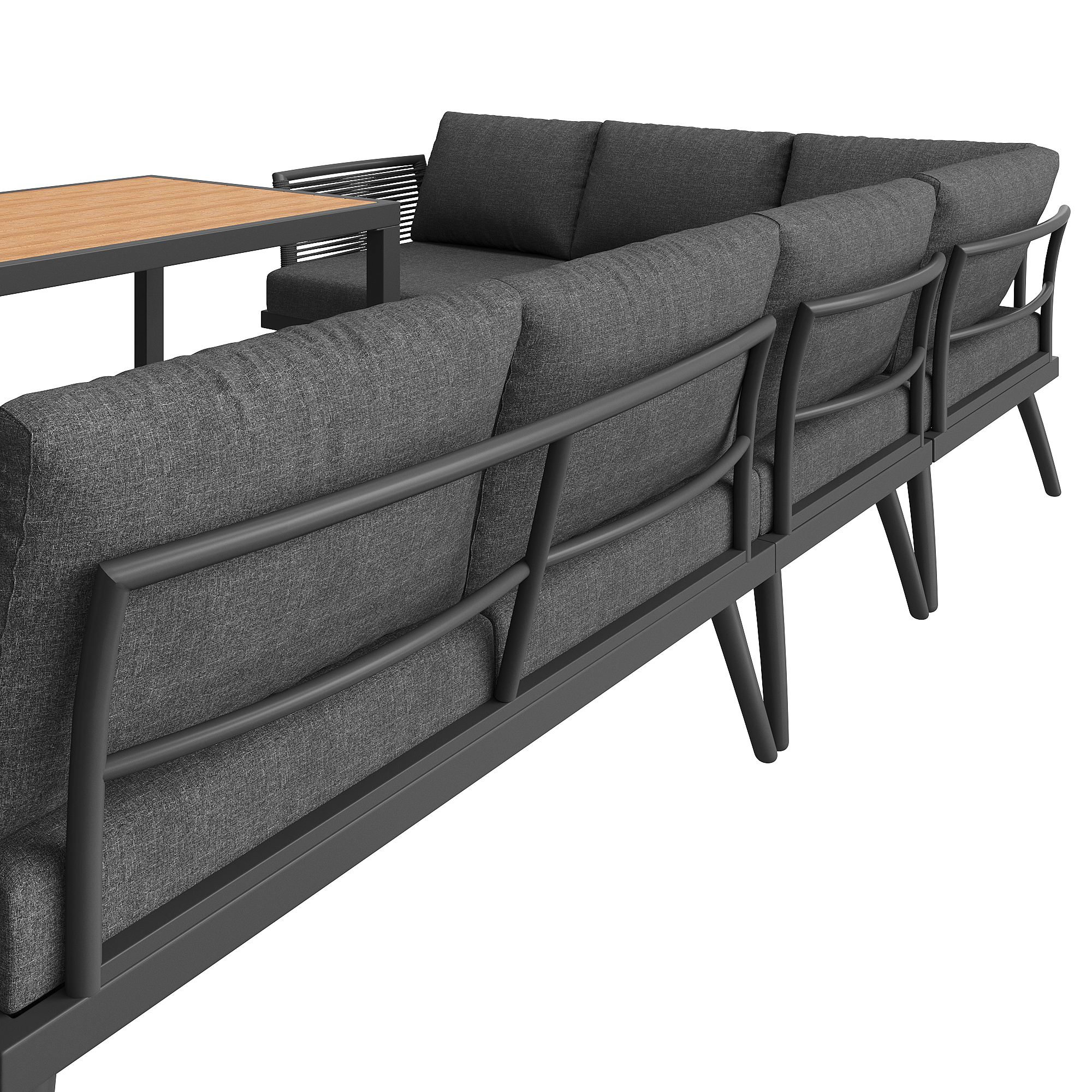 Salon de jardin modulable 7 places en L avec fauteuils et table basse WPC, structure fer, coussins, Gris - vue complémentaire