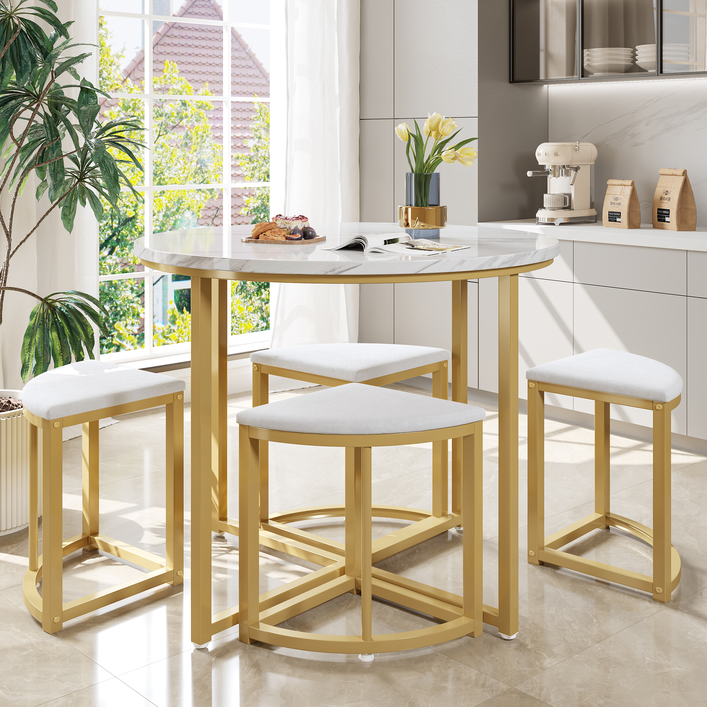 Ensemble table et chaises, 5 pièces, 1 table + 4 chaises, 80 x 80 x 75 cm, métal et velours, blanc - vue 3