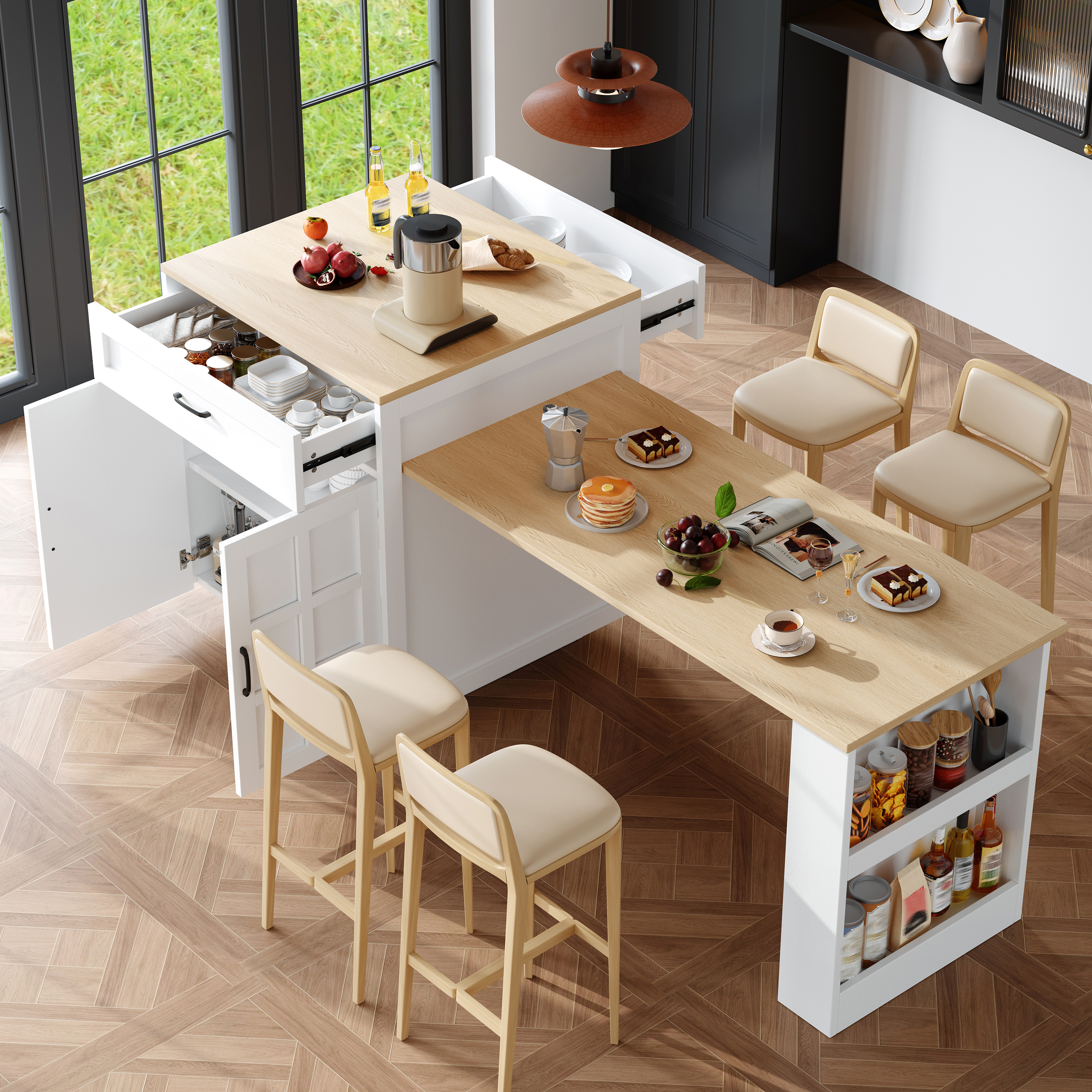 Ausziehbarer Bartisch mit Stauraum(133-202×70×93.5