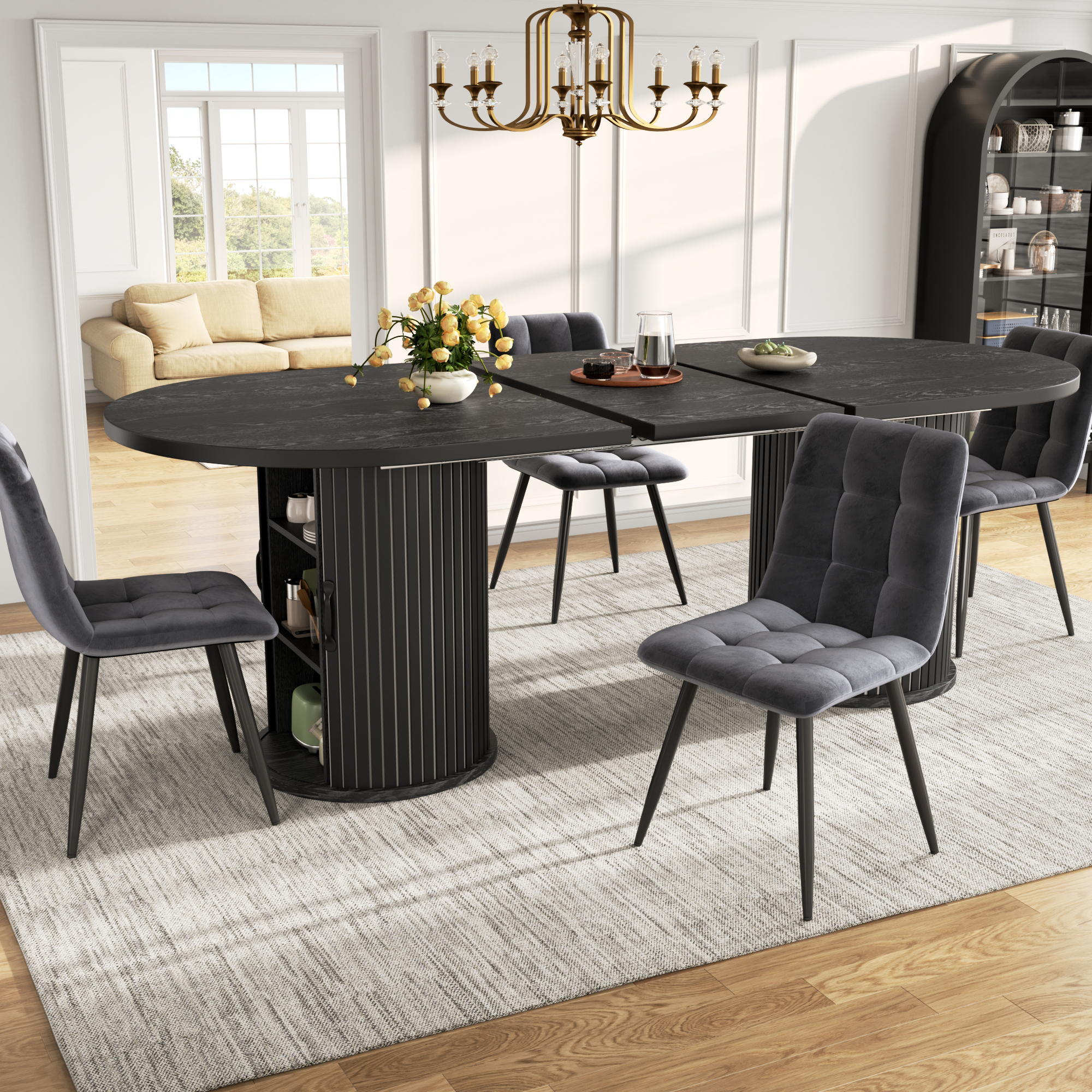 Table à manger extensible, table de cuisine polyvalente avec poignées en métal, gain de place pour les petites pièces, table multifonctionnelle, compartiment de rangement dissimulé, noir, 150-190 cm