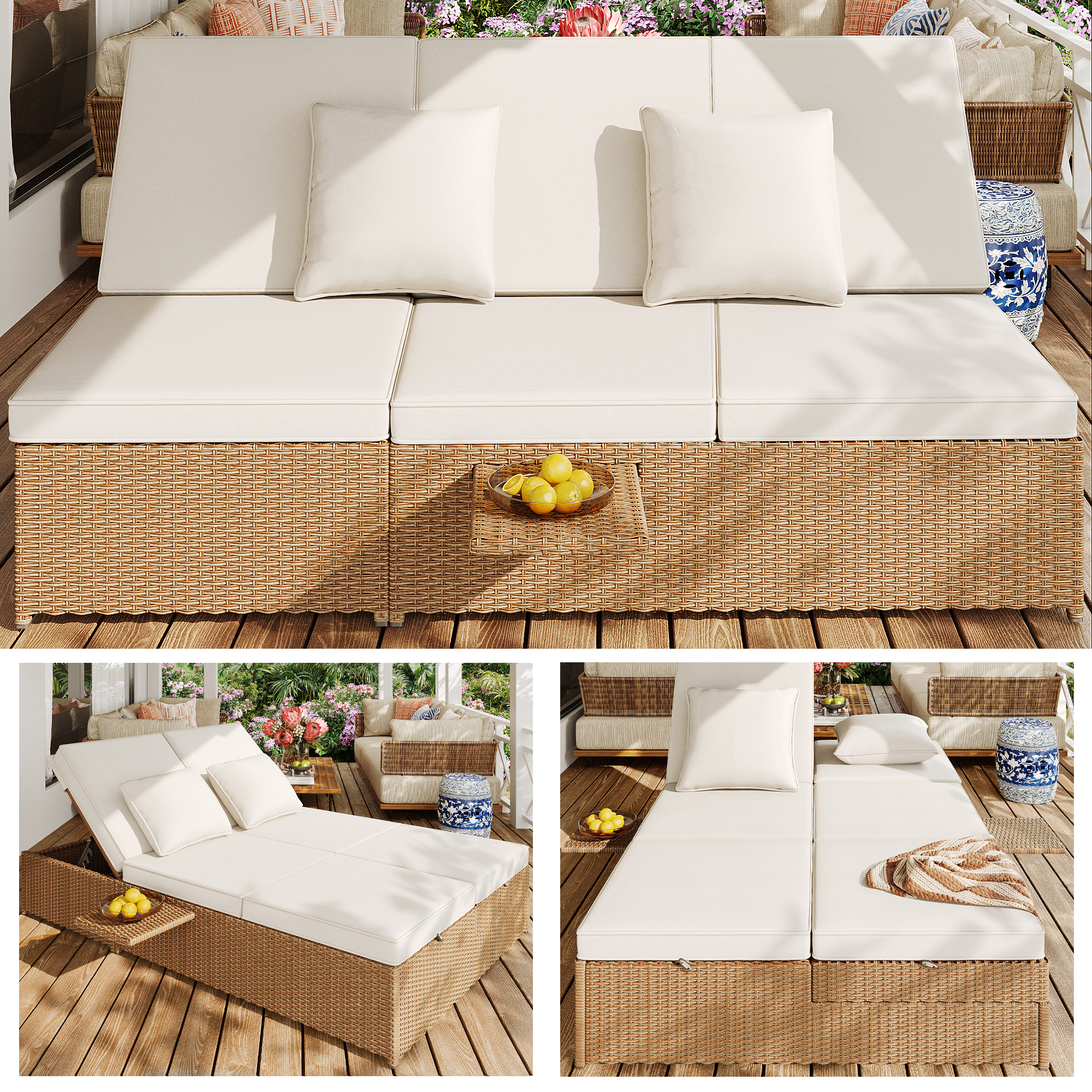Lit de jardin double rotin blanc pliable