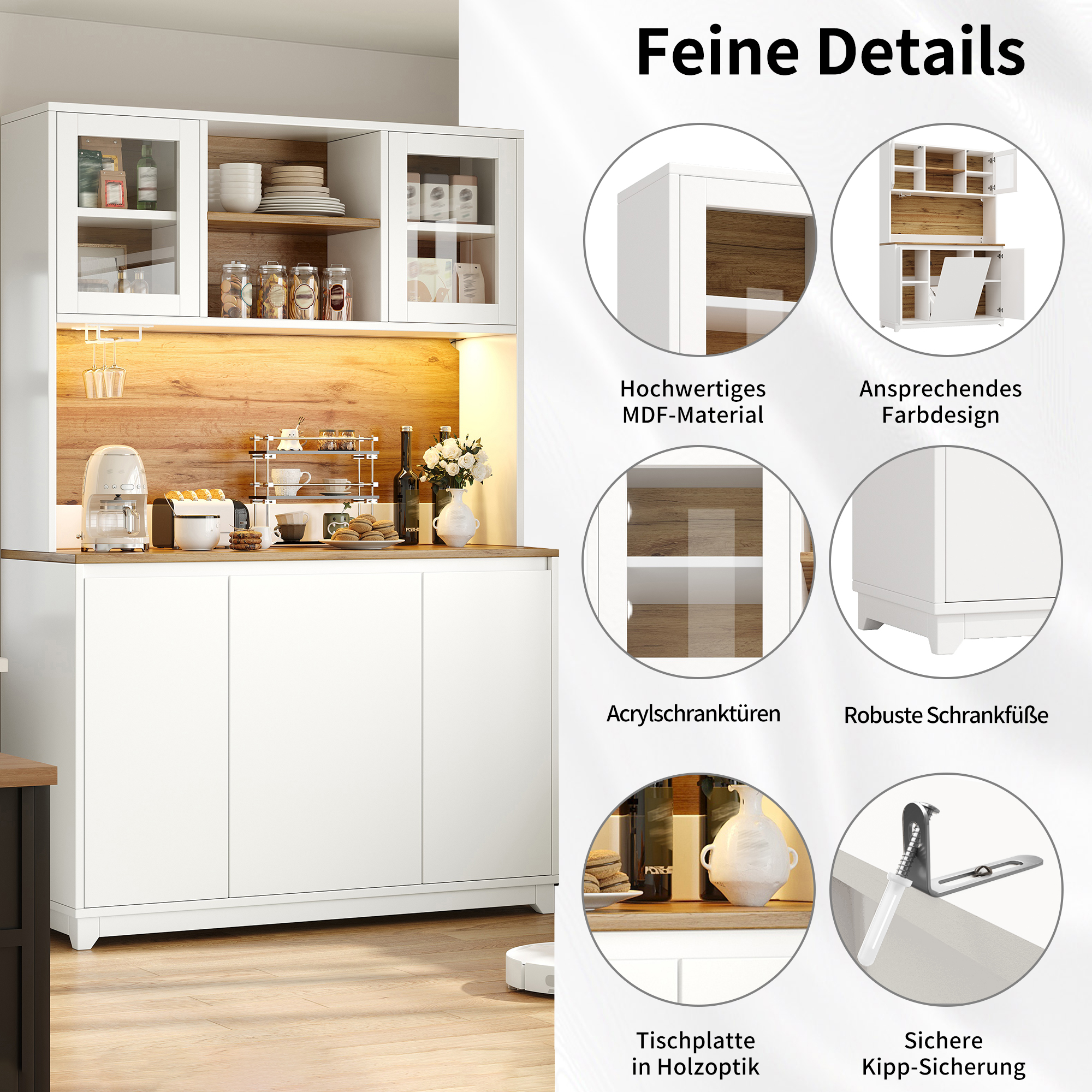 Armoires de cuisine (120 × 40 × 180 cm), tables d'appoint hautes de cuisine, buffets, armoires de cuisine avec portes en acrylique et éclairage LED, blanc, table à manger extensible
