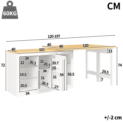 Dimensions de l’îlot de cuisine pivotant extensible
