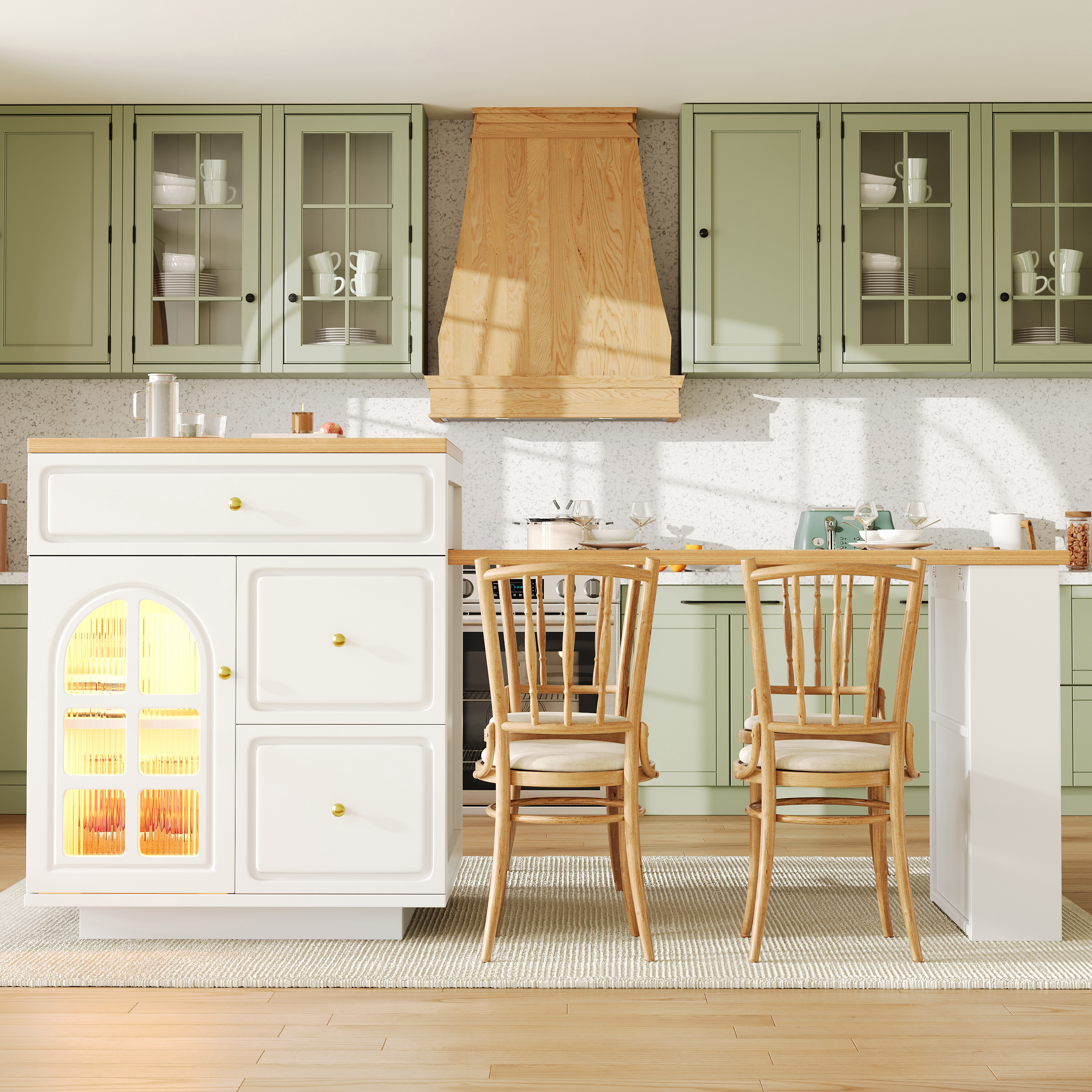 Îlot de cuisine extensible avec tiroirs et bande lumineuse LED RVB, longueur réglable de 122, 5 à 195, 5 cm, grain de bois avec vitrine en verre, îlot de comptoir polyvalent pour cuisine, salle