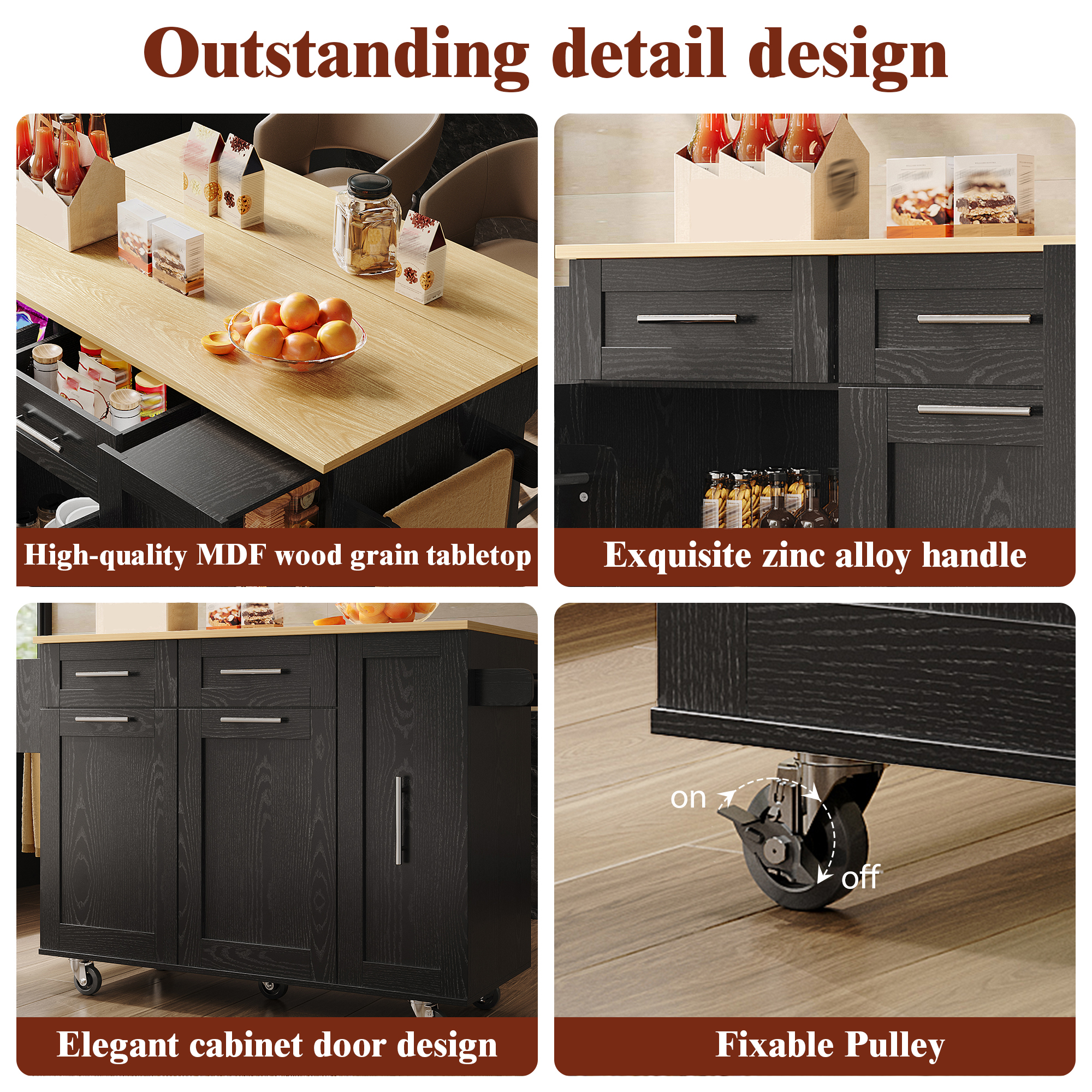 Îlot de cuisine 110×46×90.5 cm avec plateau escamotable 74 cm, MDF imitation bois, poignées zinc, rangements flexibles, pour cuisine, design moderne, beaucoup de stockage, style fonctionnel, stabilité, facile entretien - image 18