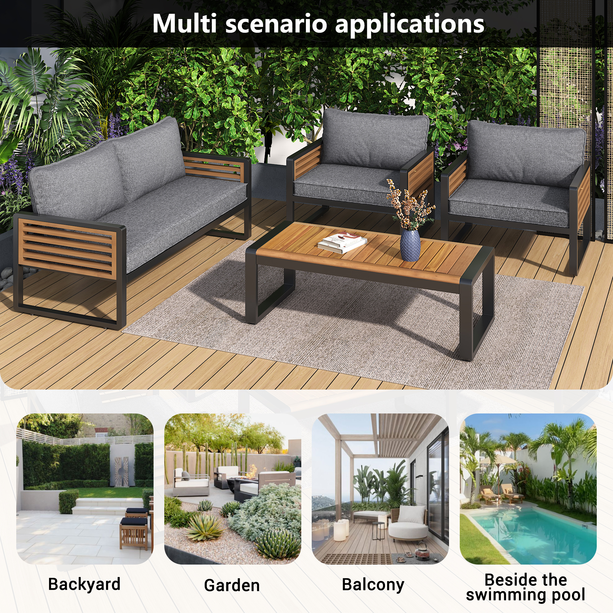Salon de jardin 4 places gris antique bois