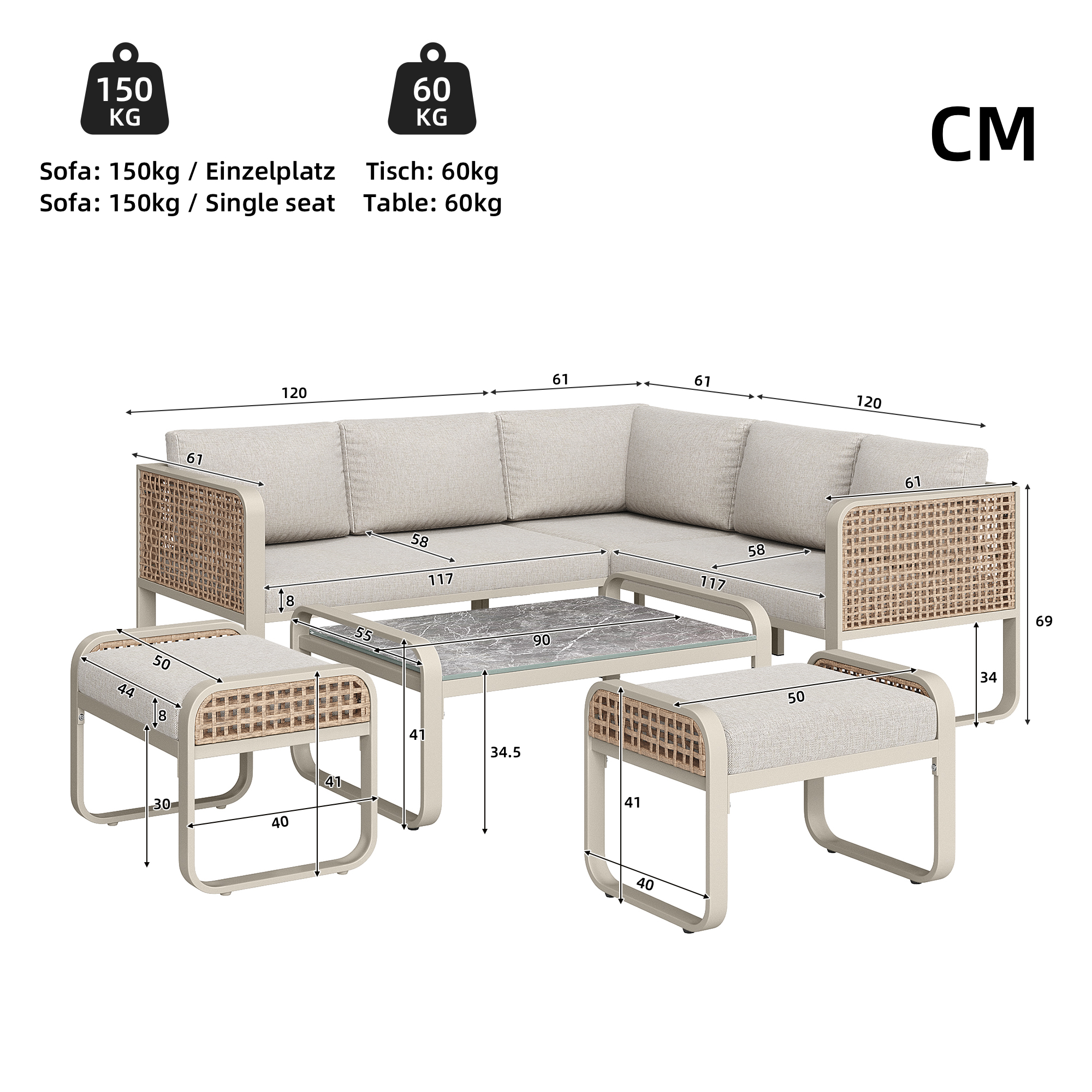 Détail rotin et cadre métal beige