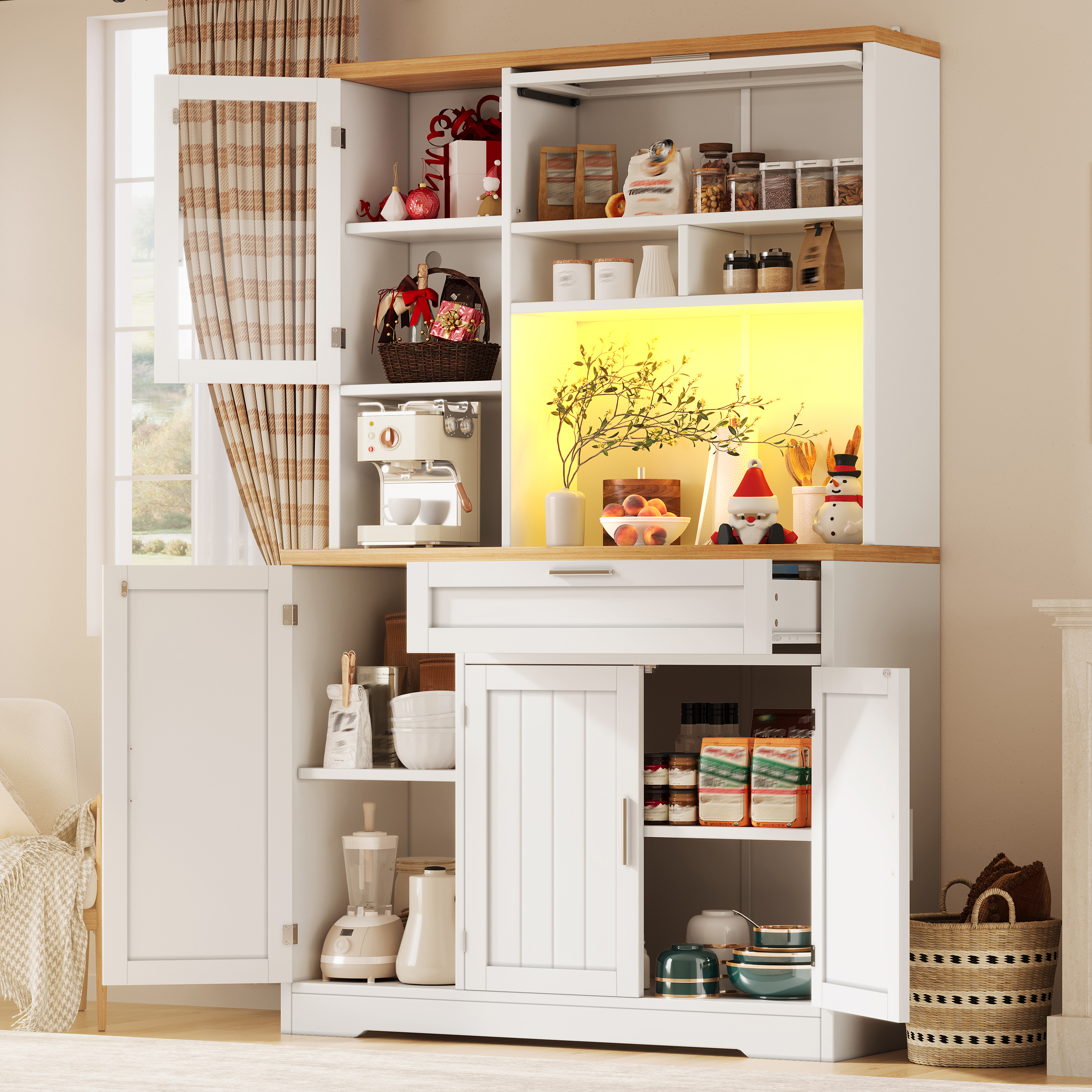 Küchenschrank, Hochschrank / Vitrine mit LED-Beleu