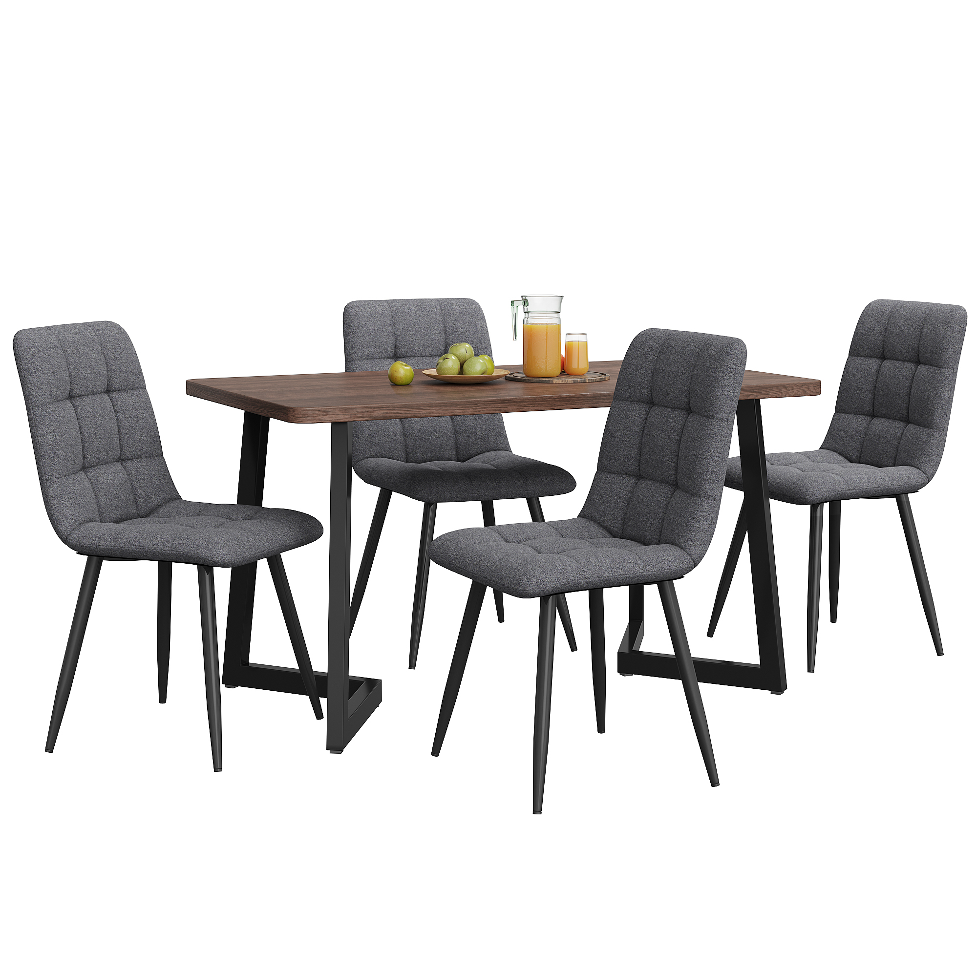 Ensemble table et chaises, 5 pièces, 1 table + 4 chaises, métal et tissu effet lin, gris foncé - vue 2