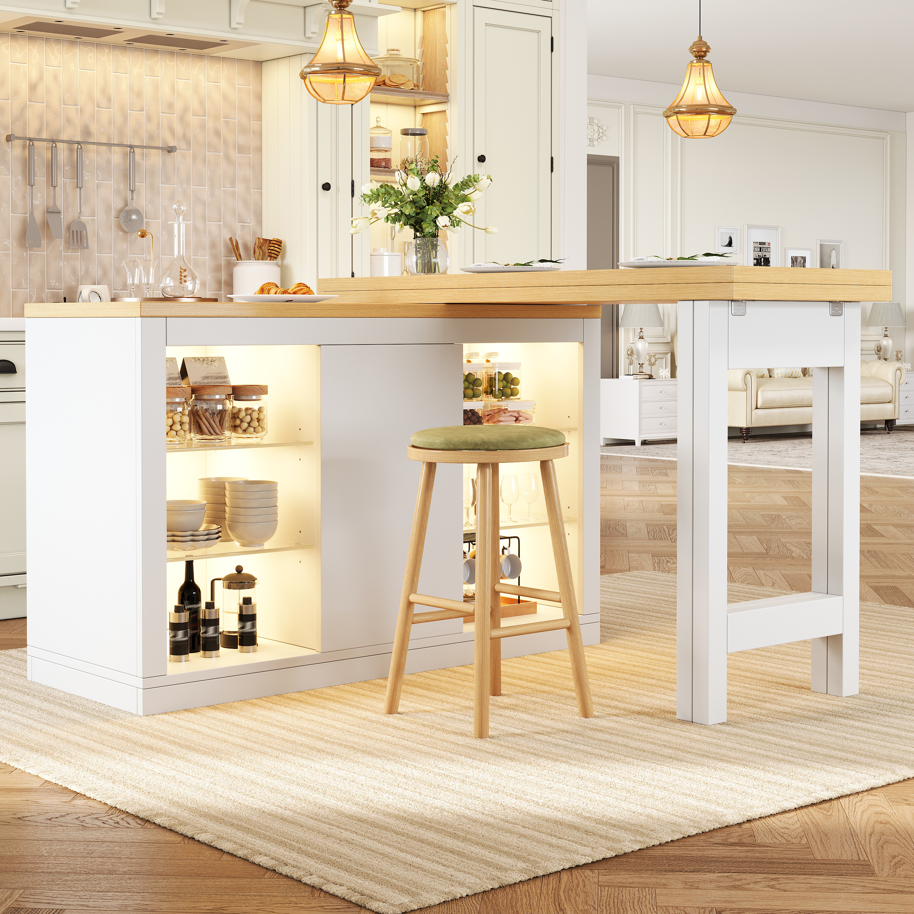 Table à manger extensible avec îlot de cuisine avec LED RVB contrôlable par application, 120-197 cm, rotative à 360°, avec portes magnétiques et étagères en verre, blanc/noir, capacité de charge