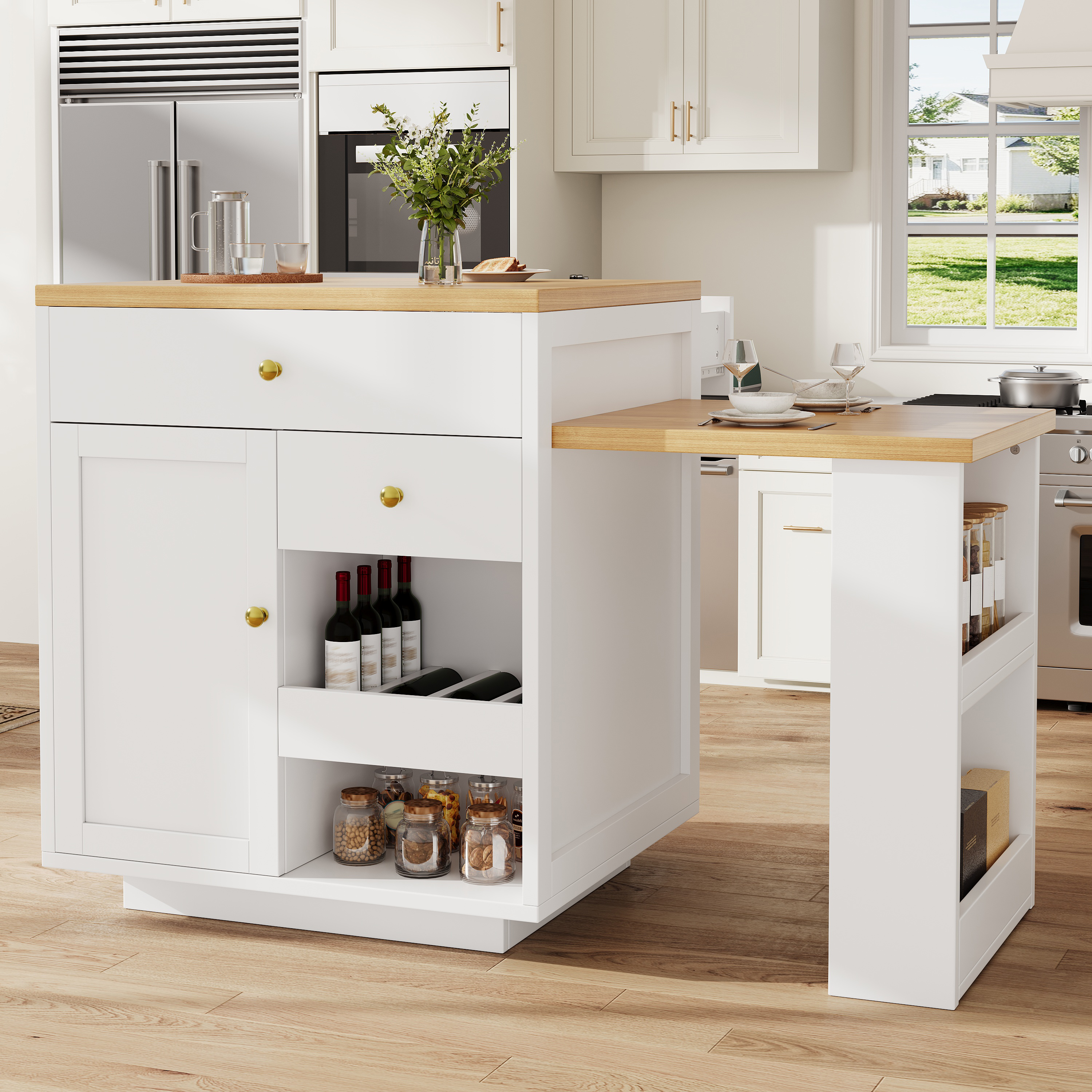 Ilot de cuisine multifonction avec plateau extensible, 122, 5–195, 5 cm, blanc/noir, capacité de charge jusqu'à 60 kg, îlot de cuisine, meuble de rangement, cuisine et salle à manger
