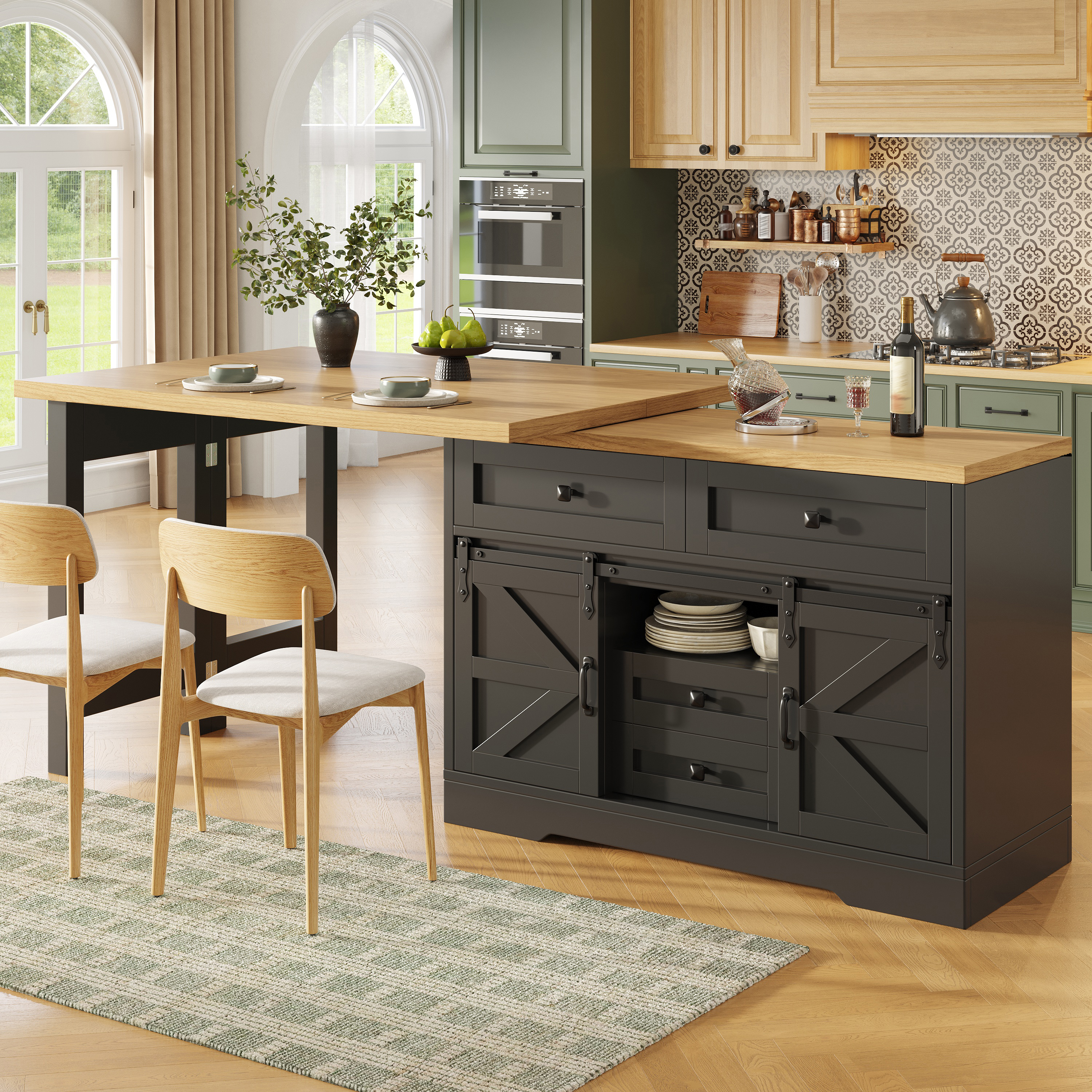 Îlot de cuisine multifonctionnel avec table à manger, armoire latérale avec tiroirs cachés, panneaux rotatifs à 360°, porte d'armoire de grange, table de salle à manger 2 en 1 pour îlot de cuisine
