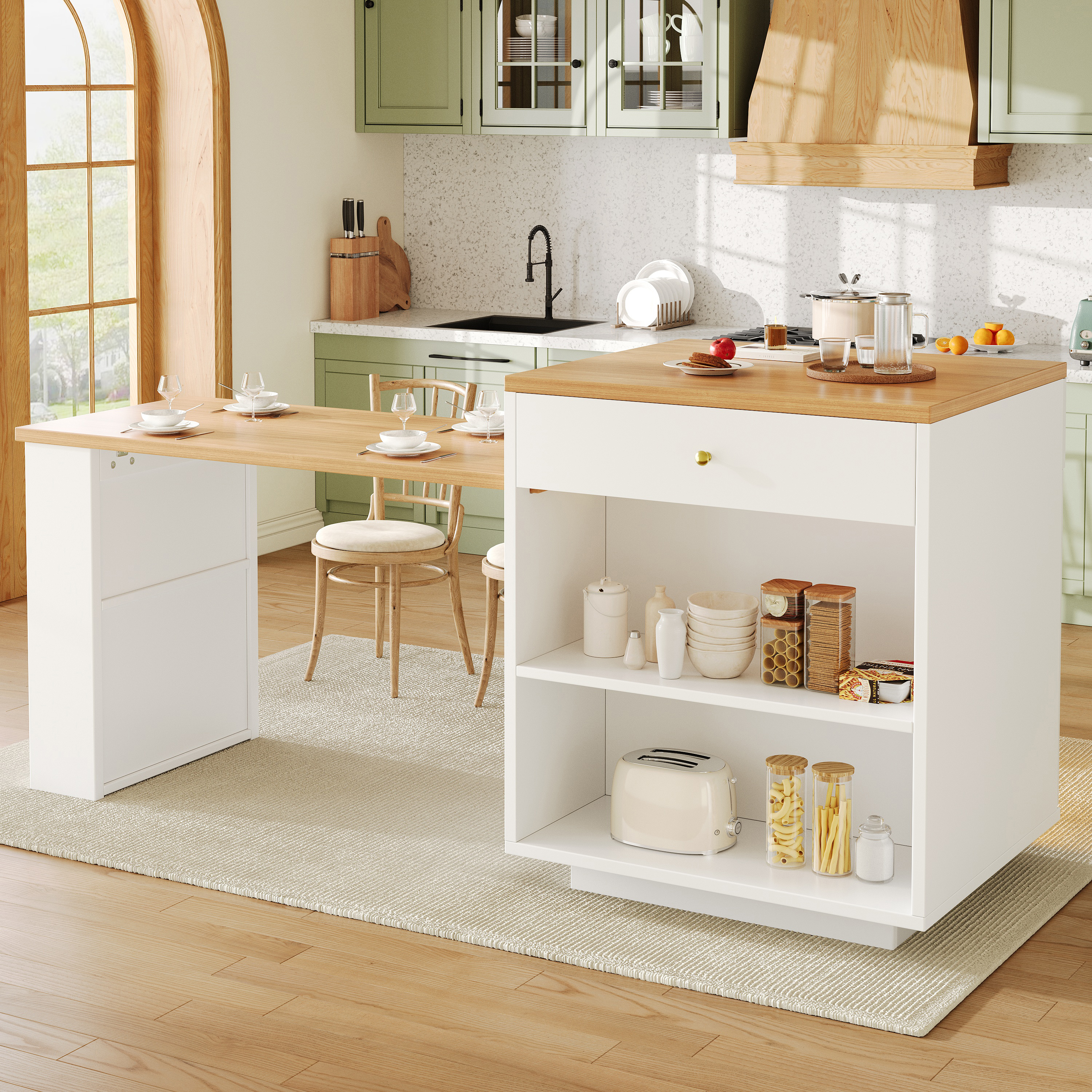 Îlot de cuisine extensible avec tiroirs et bande lumineuse LED RVB, longueur réglable de 122, 5 à 195, 5 cm, grain de bois avec vitrine en verre, îlot de comptoir polyvalent pour cuisine, salle