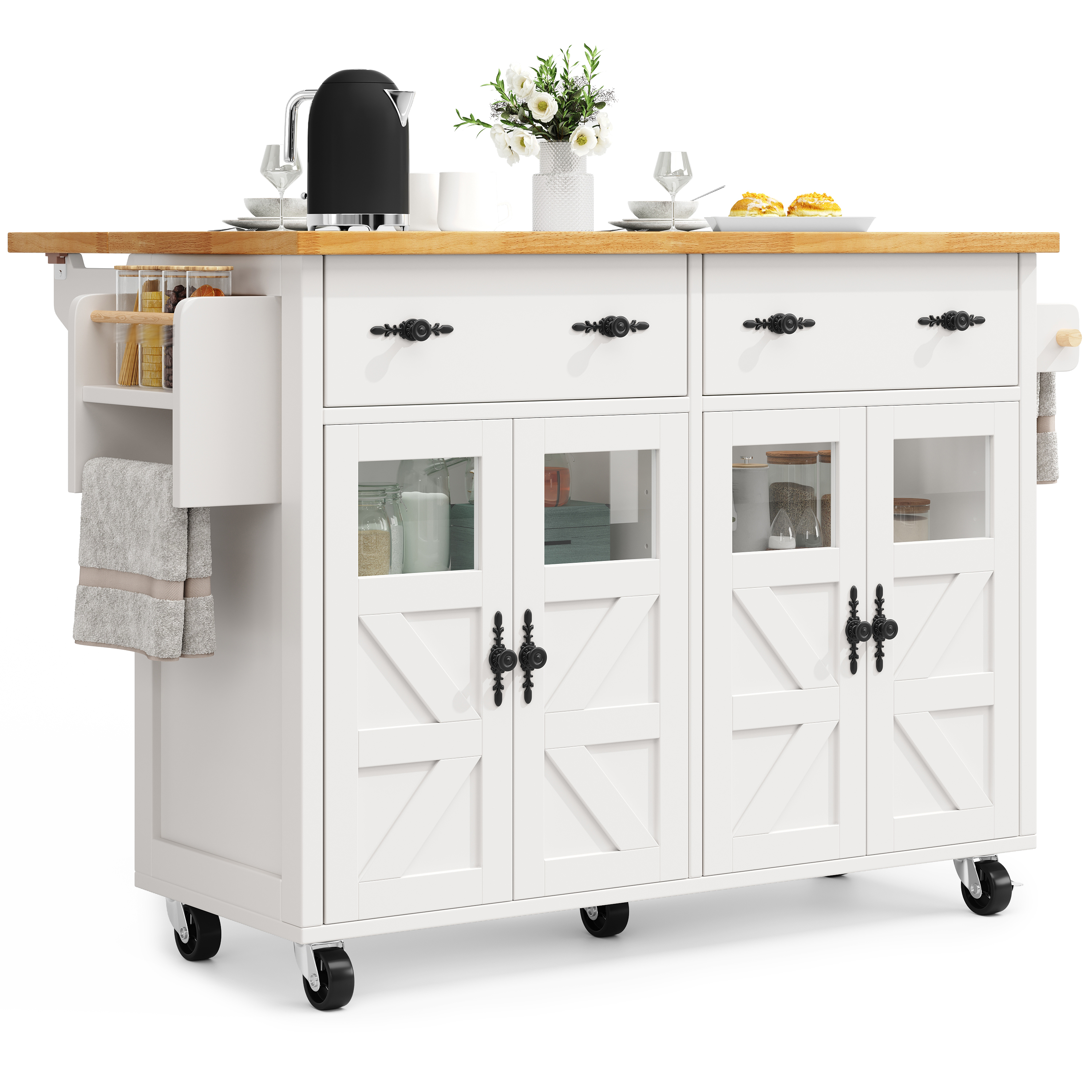 Chariot de service MDF/PB avec portes verre sécurité, plateau extensible, 5 roues (2 avec freins), convertible en buffet, pour cuisine et salon, design moderne, beaucoup de rangement, mobilité, stabilité, fonctionnalité - image 15