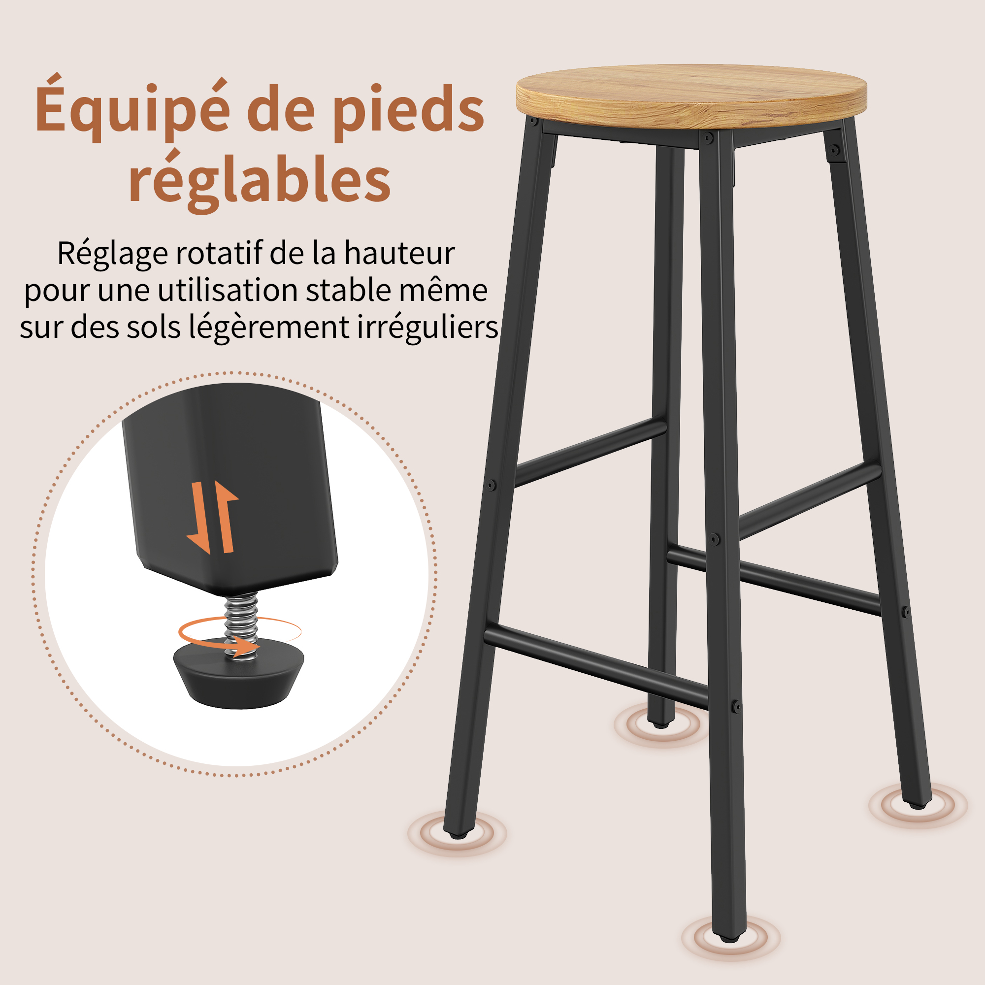 Chariot de service avec 2 tabourets de bar, desserte de cuisine et plan de travail rabattable avec porte-serviettes, étagère à épices, casier à vin et étagères réglables, pour salle à manger, salon
