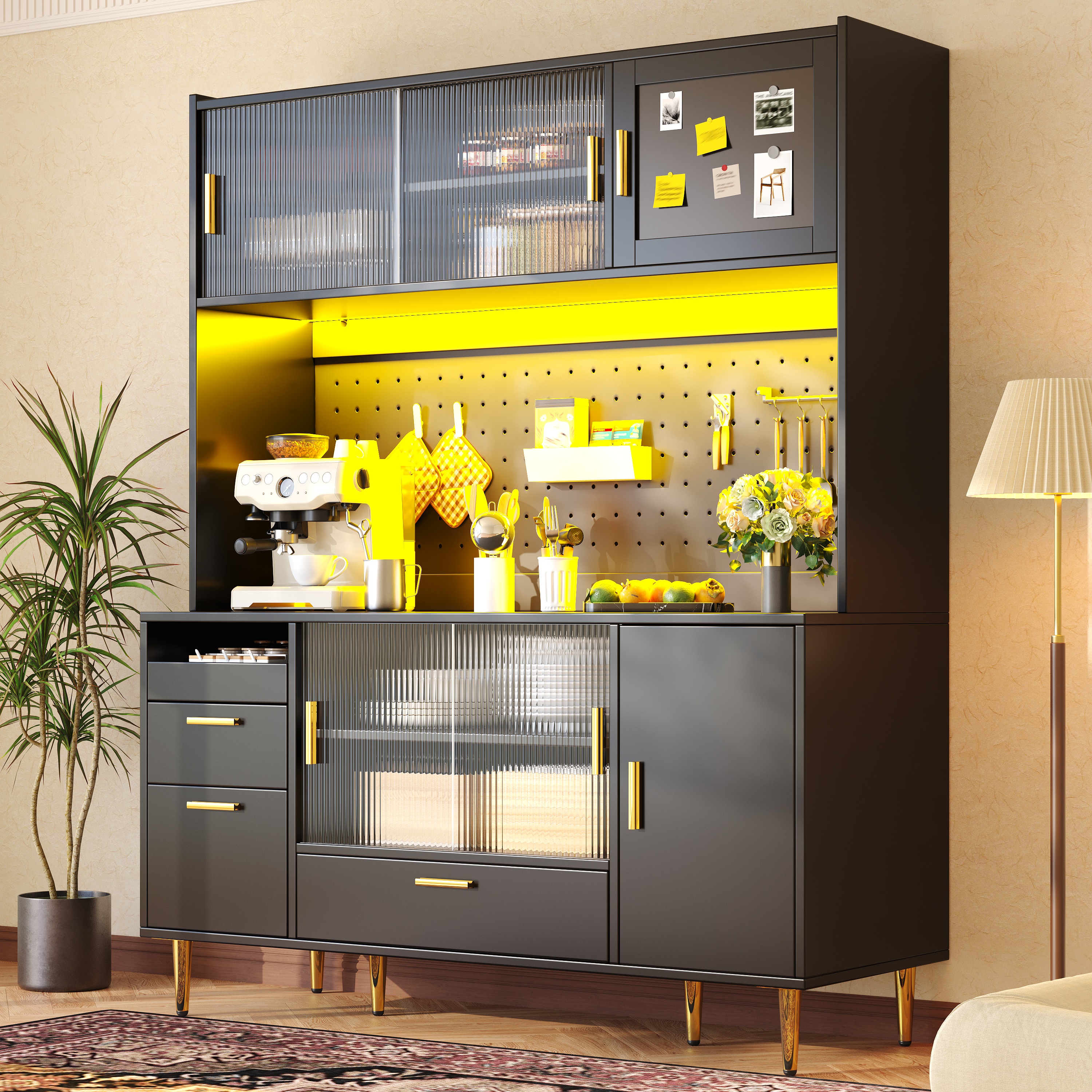 Buffet noir brillant avec éclairage LED et paroi perforée, meuble de cuisine de 180 cm de haut avec portes coulissantes en verre et porte magnétique, peut supporter jusqu'à 60 kg, buffet de cuisine