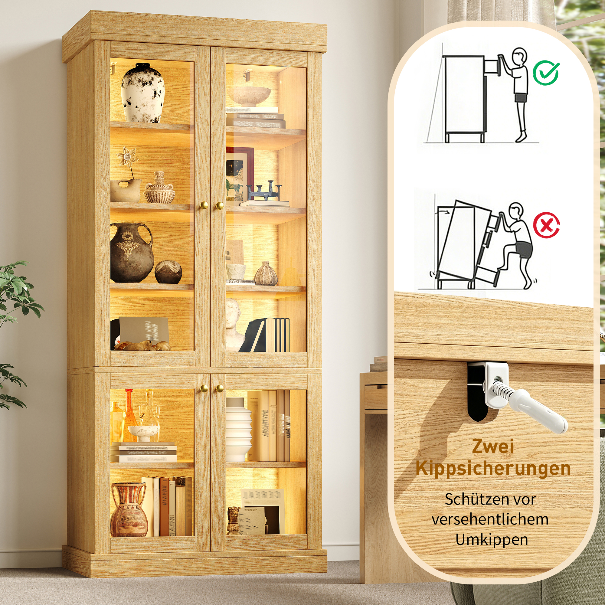 Armoire haute moderne avec éclairage d'ambiance LED intégré, vitrine en verre, aménagement intérieur bien pensé et protection contre les pointes, stable, sûre et polyvalente pour la maison, marron