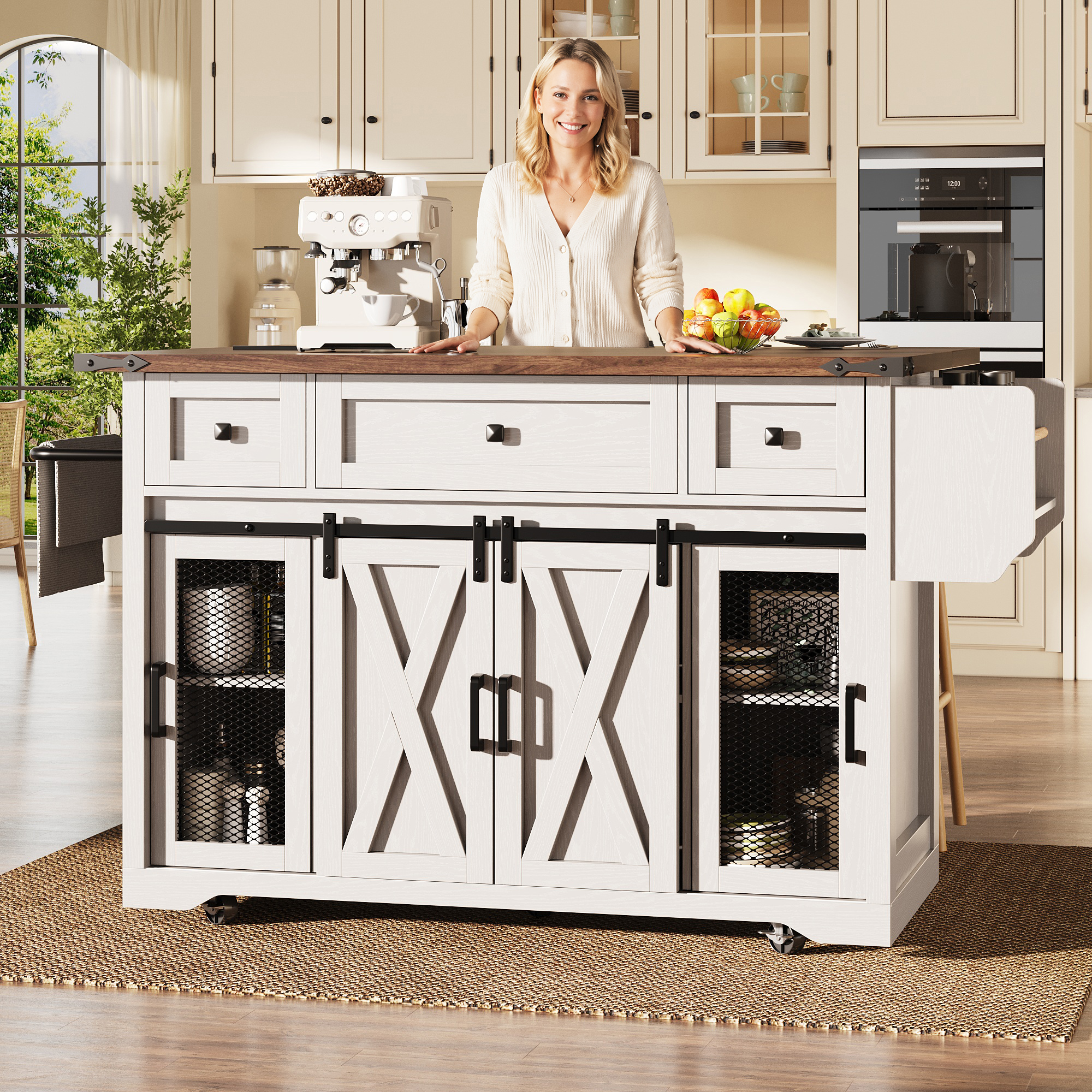 Chariot îlot de cuisine avec plan de travail extensible et prise électrique, hauteur de travail 91 cm, blanc/noir, capacité de charge jusqu'à 75 kg, desserte de cuisine, chariot de service