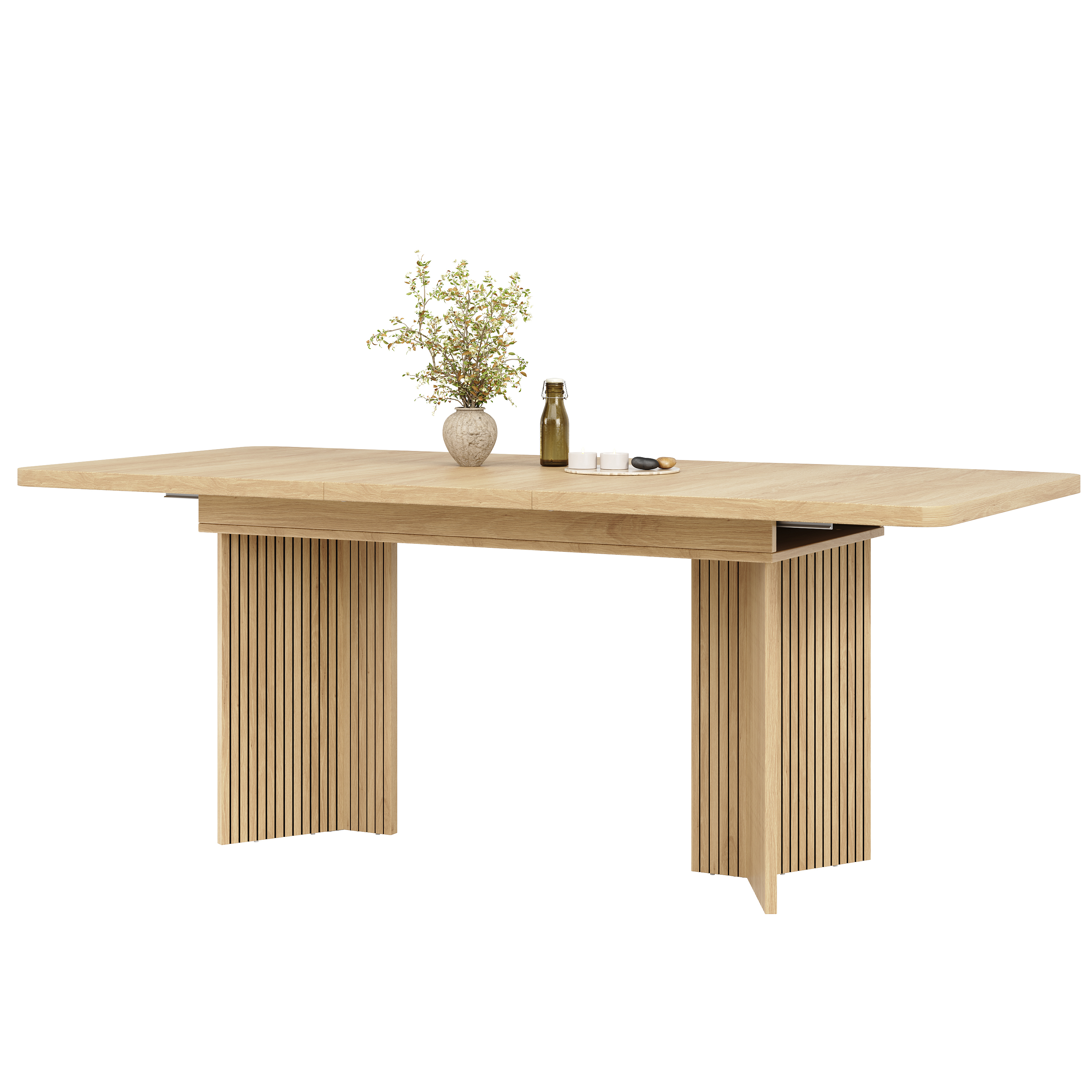 Table à manger extensible 120–160 cm x 80 x 76,1 cm, pieds en V rainurés, MDF, Effet bois naturel - dimensions et détails