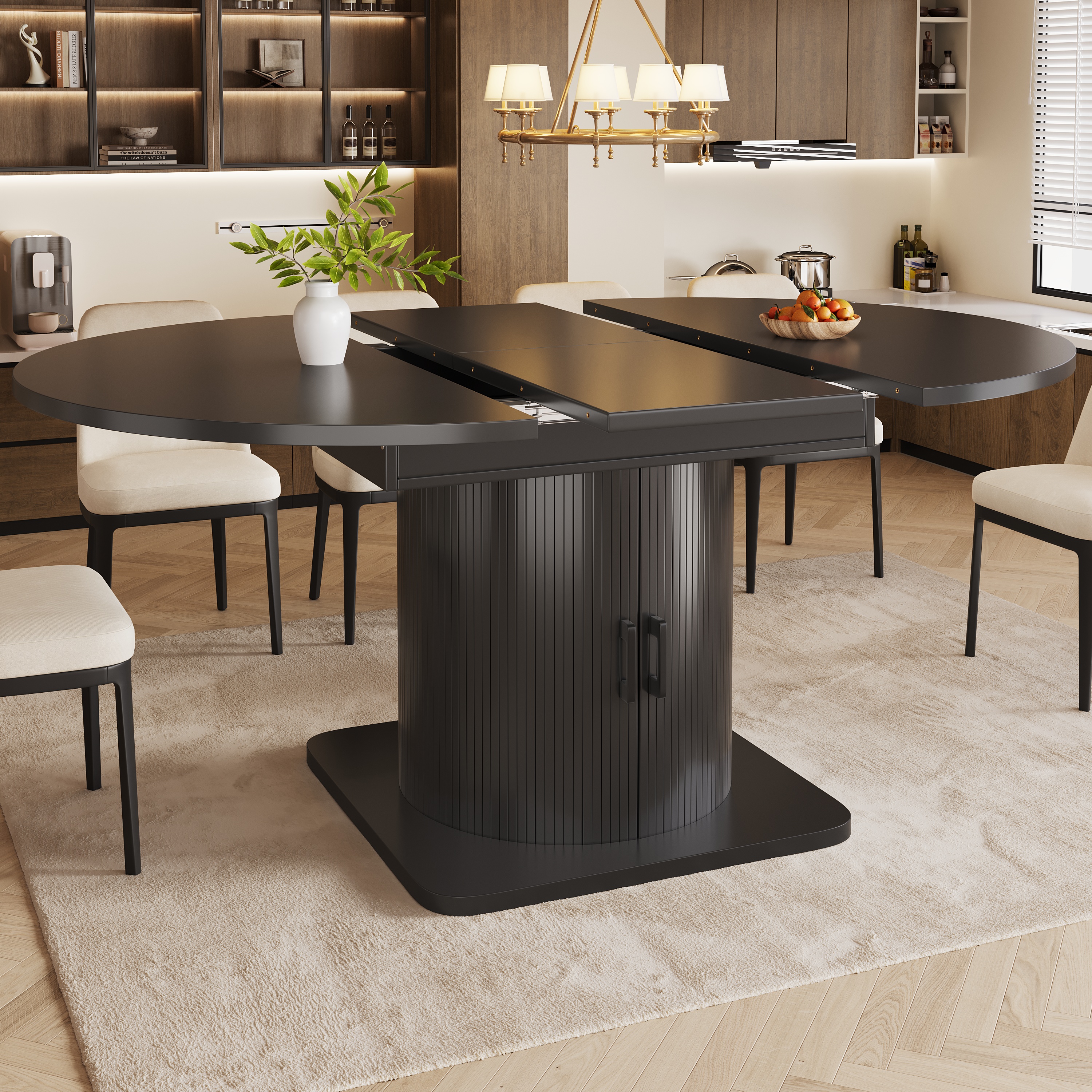 Table à manger extensible avec espace de rangement, table multifonctionnelle avec étagères amovibles, table de cuisine peu encombrante pour petites pièces et salles à manger, plateau en MDF, noir