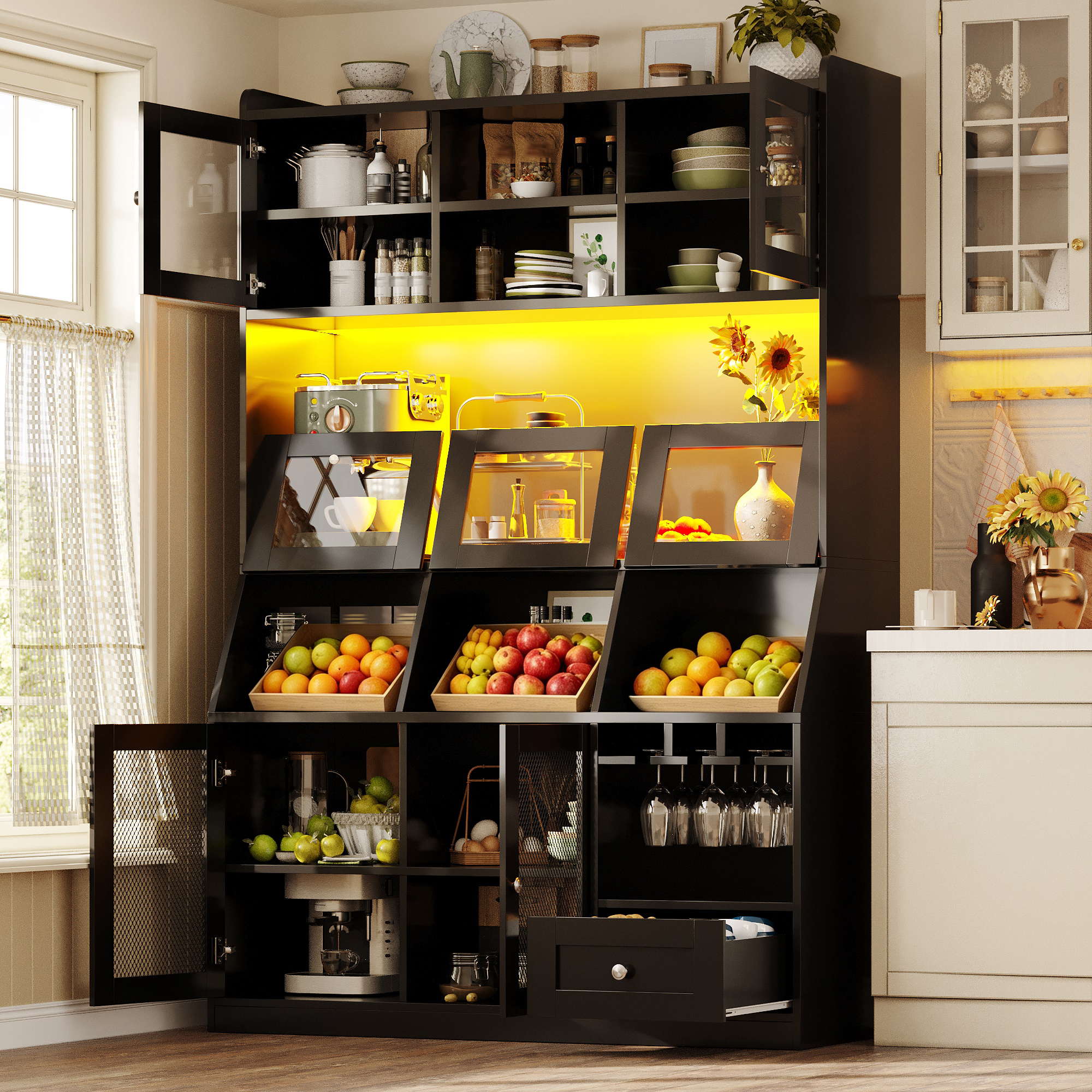 Armoires de cuisine (120 x 40 x 181, 7 cm), armoire haute avec port USB, espace de rangement multifonctionnel avec plan de travail généreux pour cuisine, salle à manger, buffets avec portes vitrées