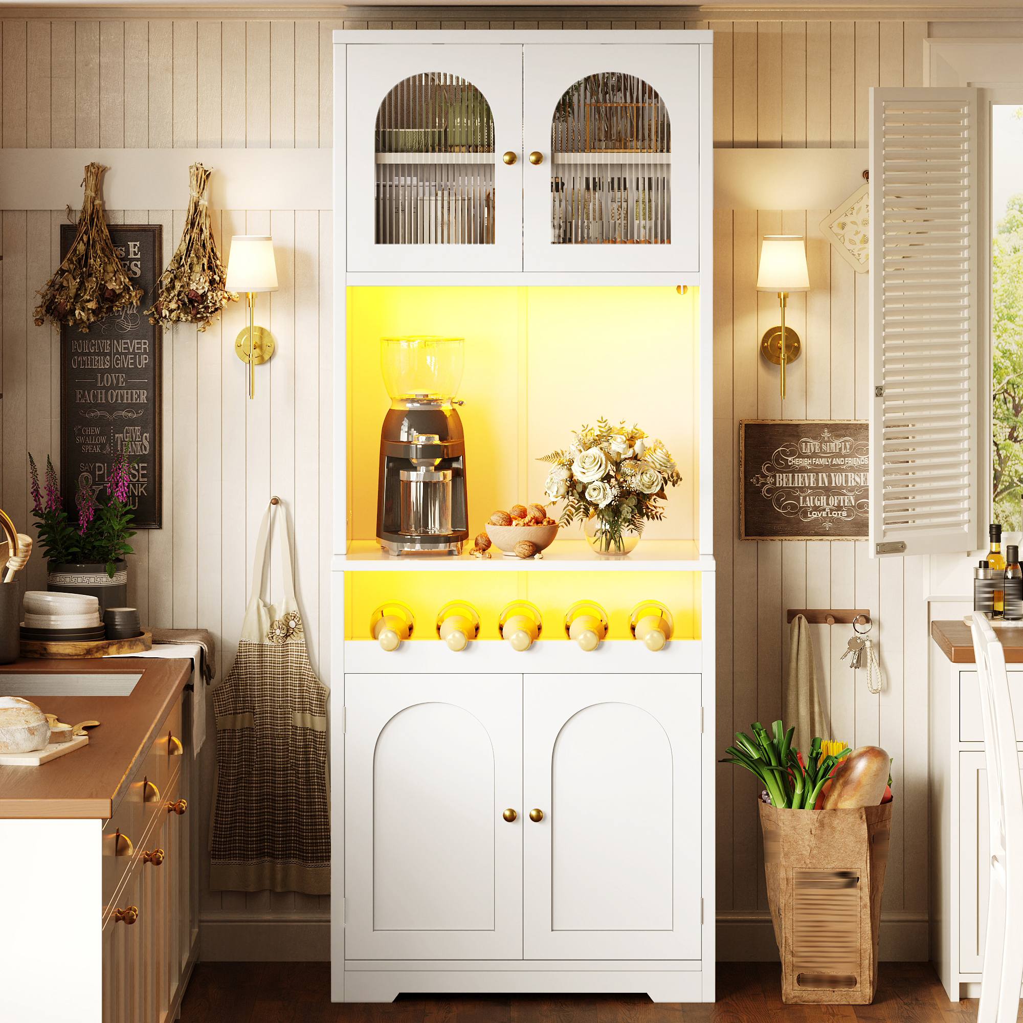 Ensemble composé de 2 buffets hauts blancs 180 cm, chacun avec App-RGB-LED, portes vitrées, casier à vin & anti-basculement, étagères réglables, buffet de cuisine, meuble de rangement
