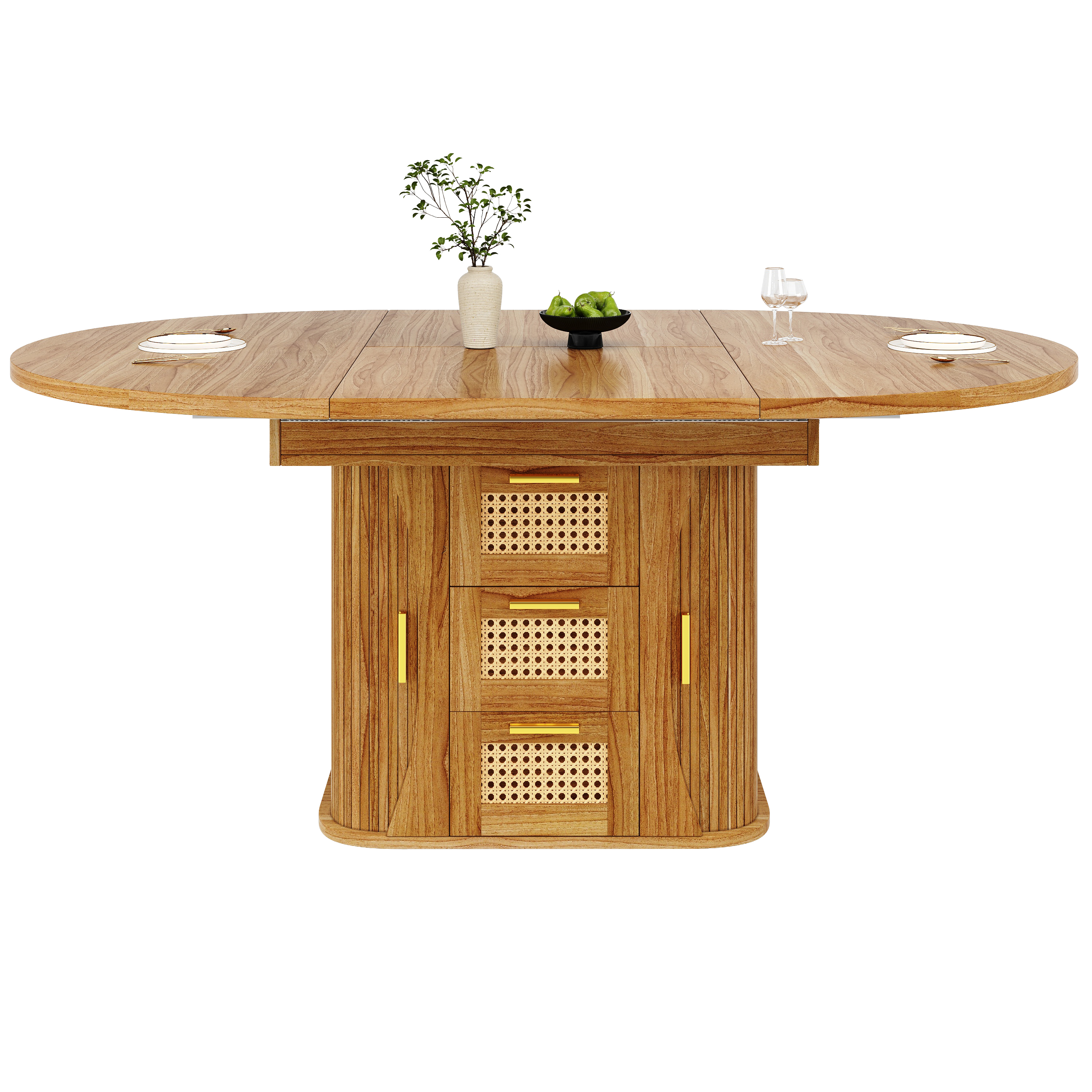 Détail table à manger extensible effet chêne rotin