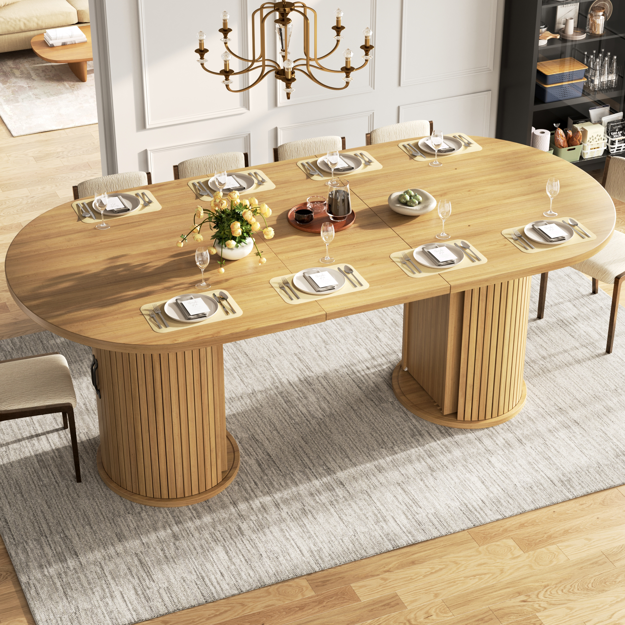 Table à manger extensible, table de cuisine polyvalente avec poignées en métal, gain de place pour les petites pièces, table multifonctionnelle, compartiment de rangement dissimulé, marron naturel