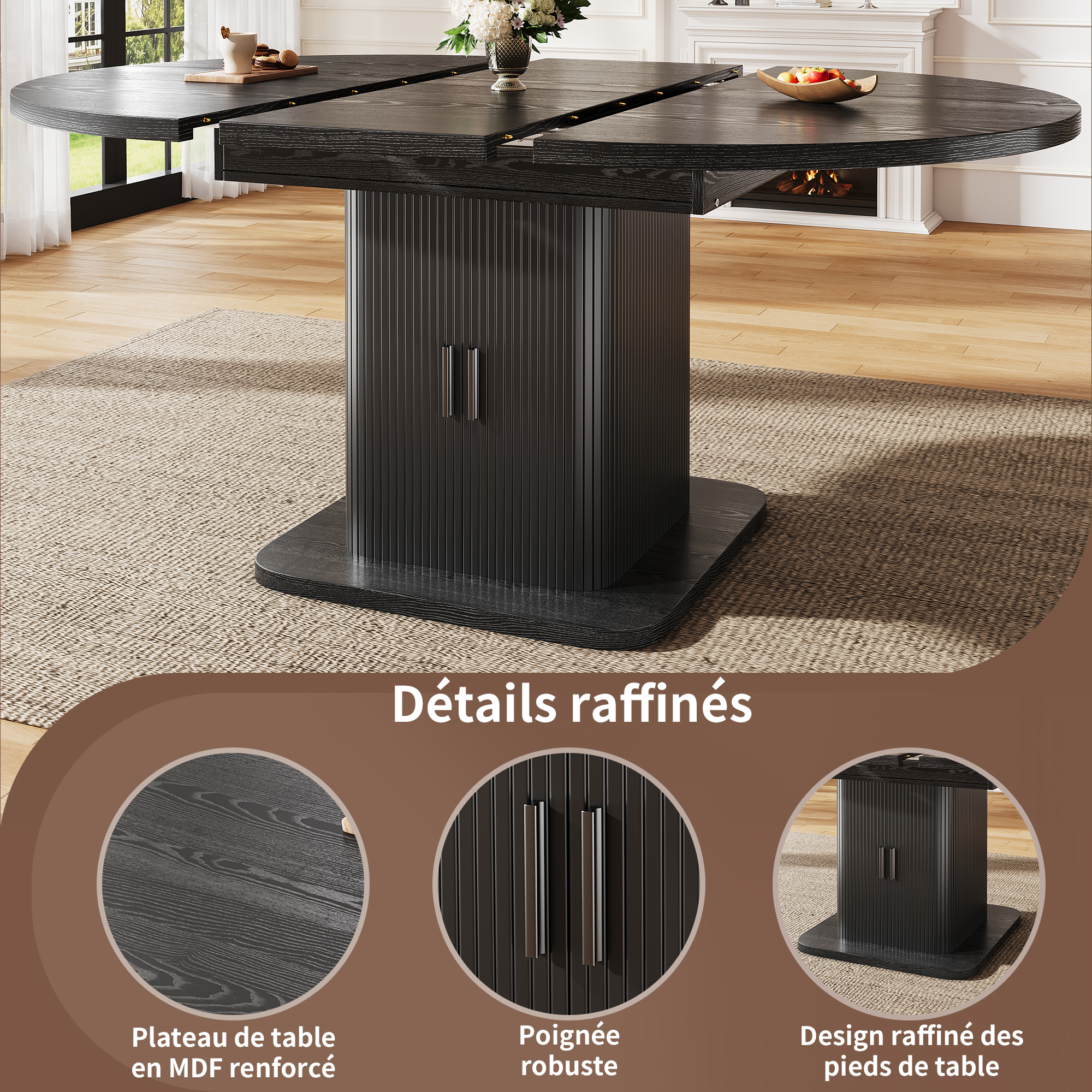 Table à manger extensible 110–149,8 cm x 110 x 75 cm, avec rangement intégré, MDF, métal, Noir - vue complémentaire