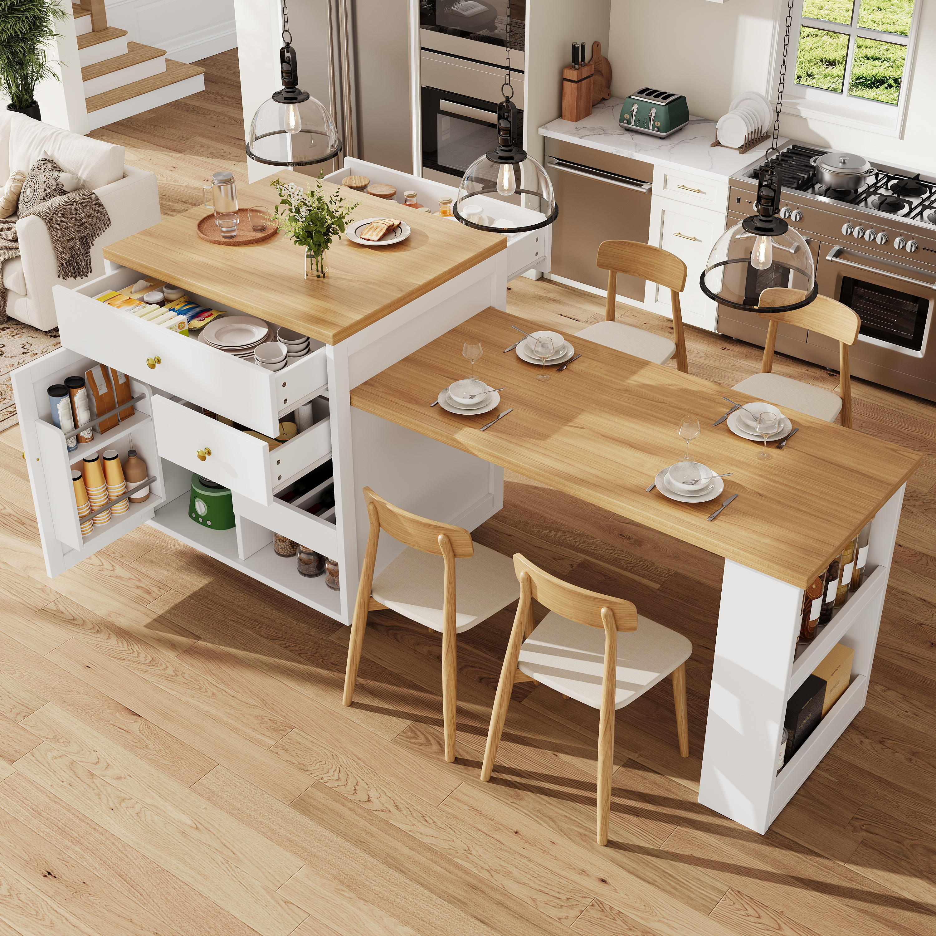 Ilot de cuisine multifonction avec plateau extensible, 122, 5–195, 5 cm, blanc/noir, capacité de charge jusqu'à 60 kg, îlot de cuisine, meuble de rangement, cuisine et salle à manger
