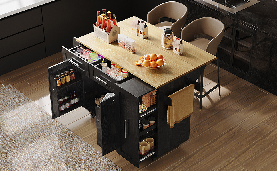 Îlot de cuisine 110×46×90.5 cm avec plateau escamotable 74 cm, MDF imitation bois, poignées zinc, rangements flexibles, pour cuisine, design moderne, beaucoup de stockage, style fonctionnel, stabilité, facile entretien - image 4
