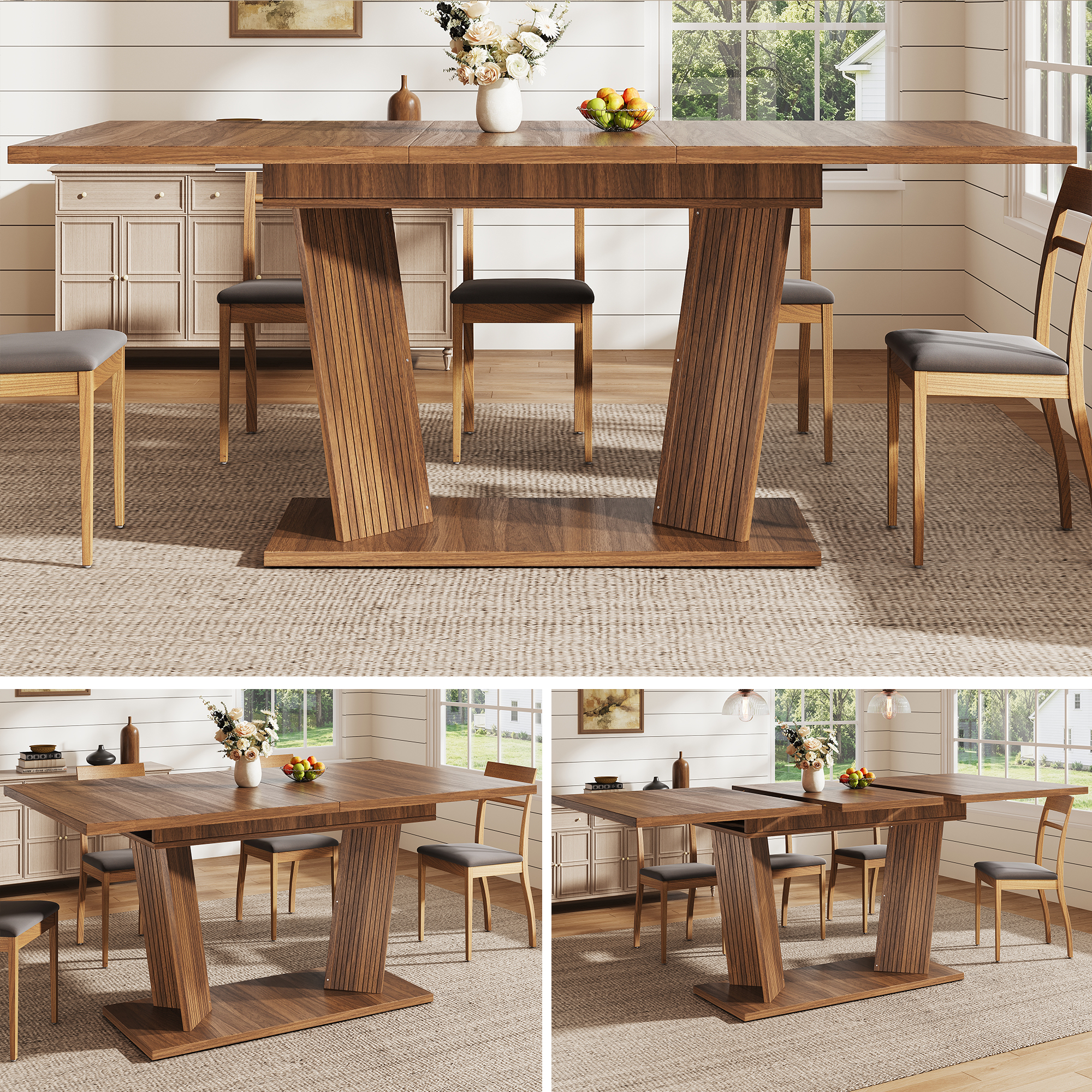 Table à manger extensible 120–160 × 80 × 76 cm avec double piètement rainuré - vue 5