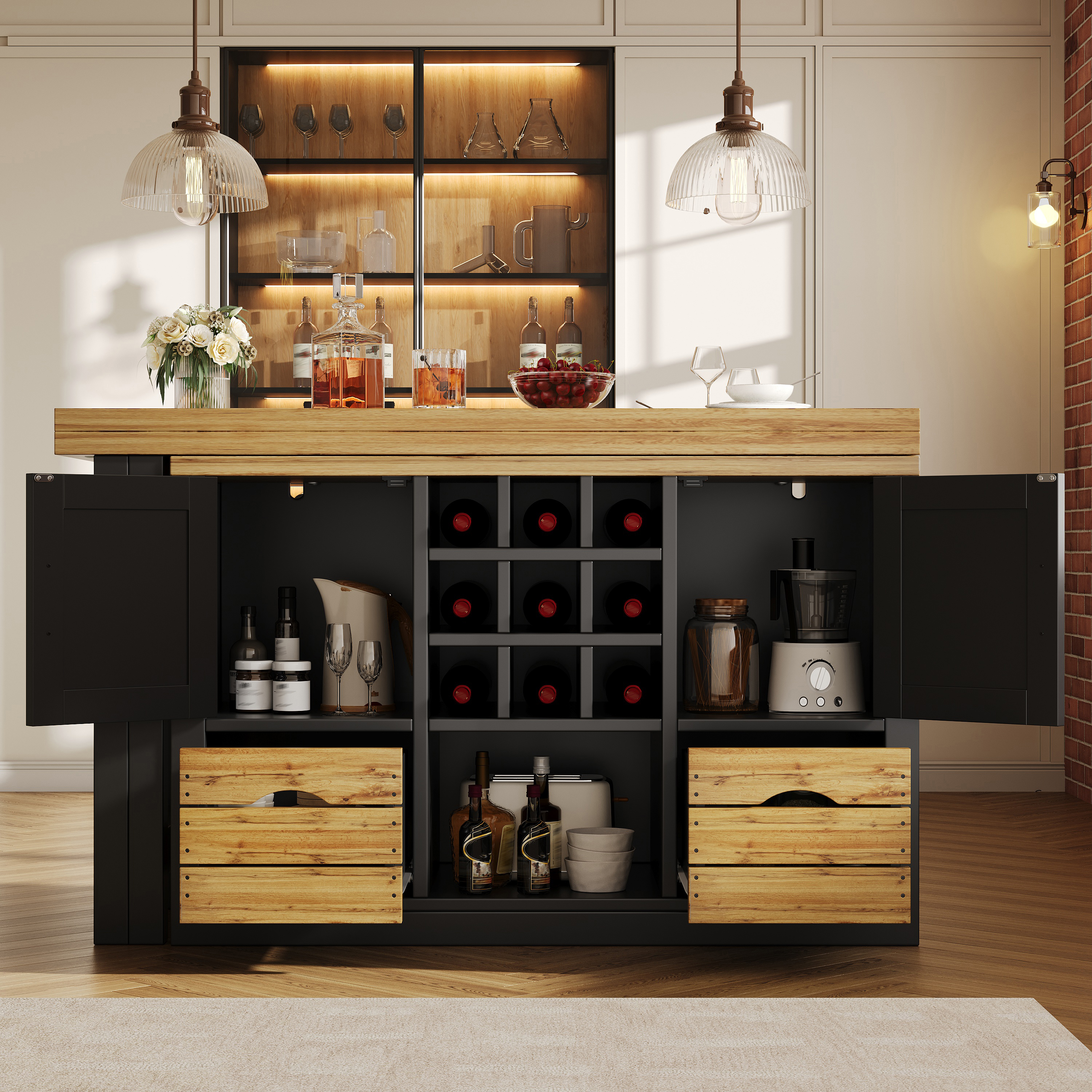 Table à manger extensible avec îlot de cuisine, table à manger multifonctionnelle avec buffet, plateau rotatif à 360°, table de cuisine extensible avec grand espace de rangement, élément mural