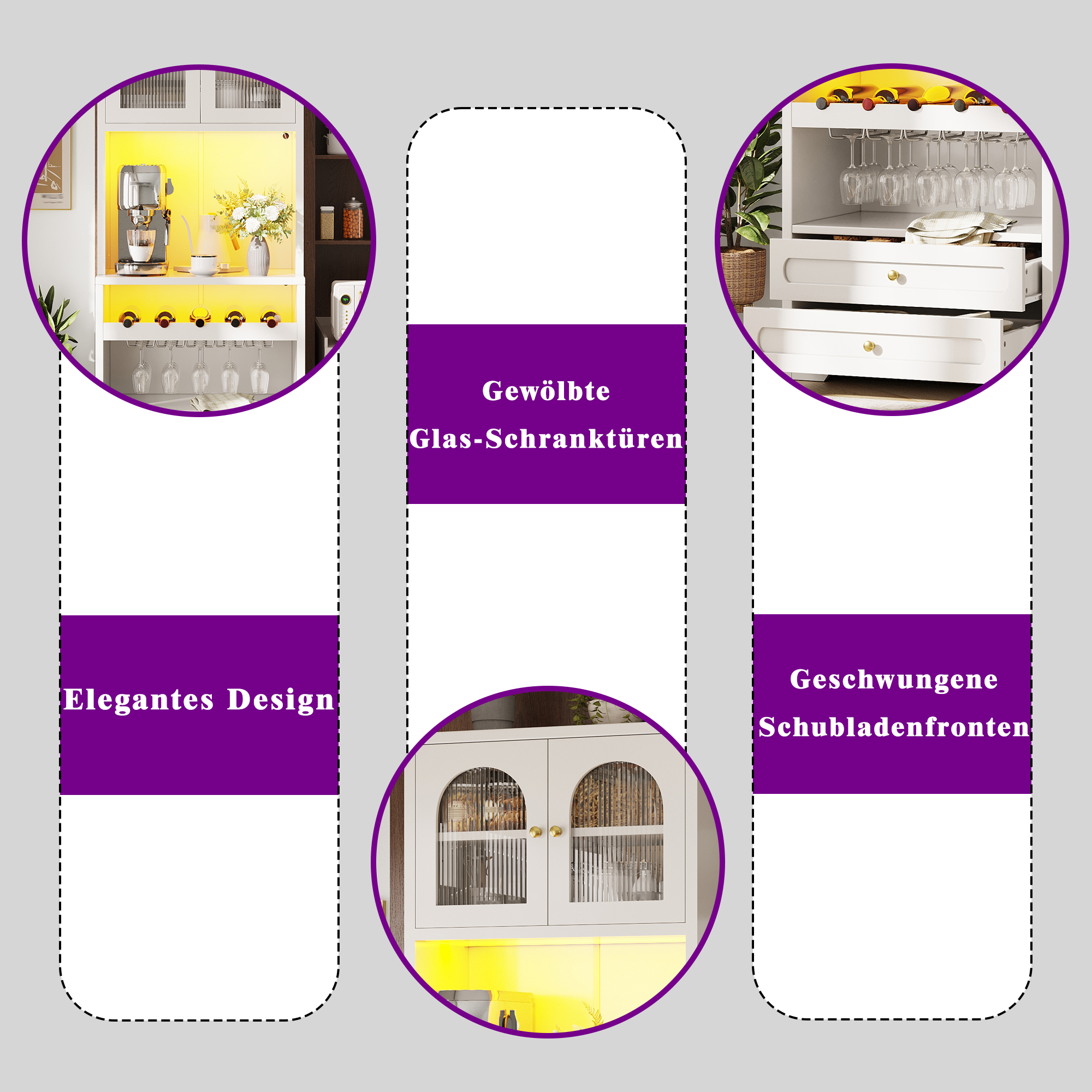 Meuble haut avec portes en verre courbées, éclairage LED via application & synchronisation musicale, étagères réglables, casier à vin, port USB, anti-basculement, pour salon & salle à manger Blanc