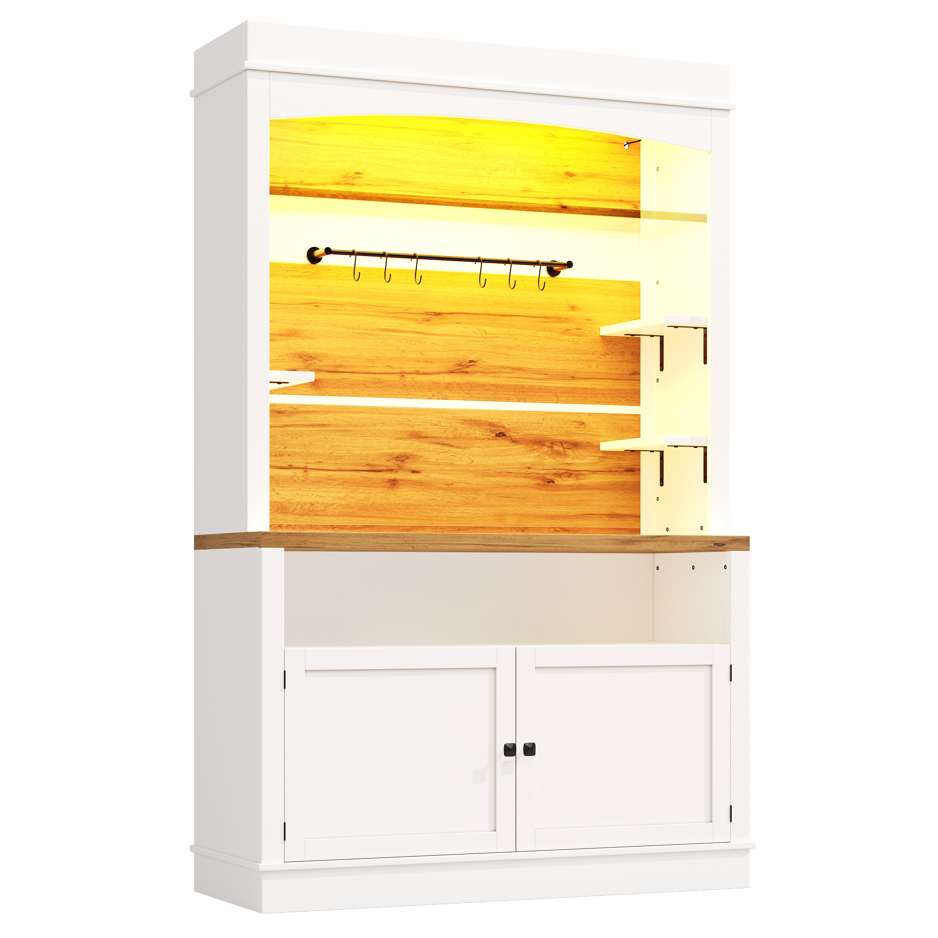Meuble haut avec éclairage LED et étagère en verre, meuble buffet de 184 cm de haut avec crochet, blanc, peut supporter jusqu'à 60 kg, buffet de cuisine, meuble de rangement, cuisine et salle à manger